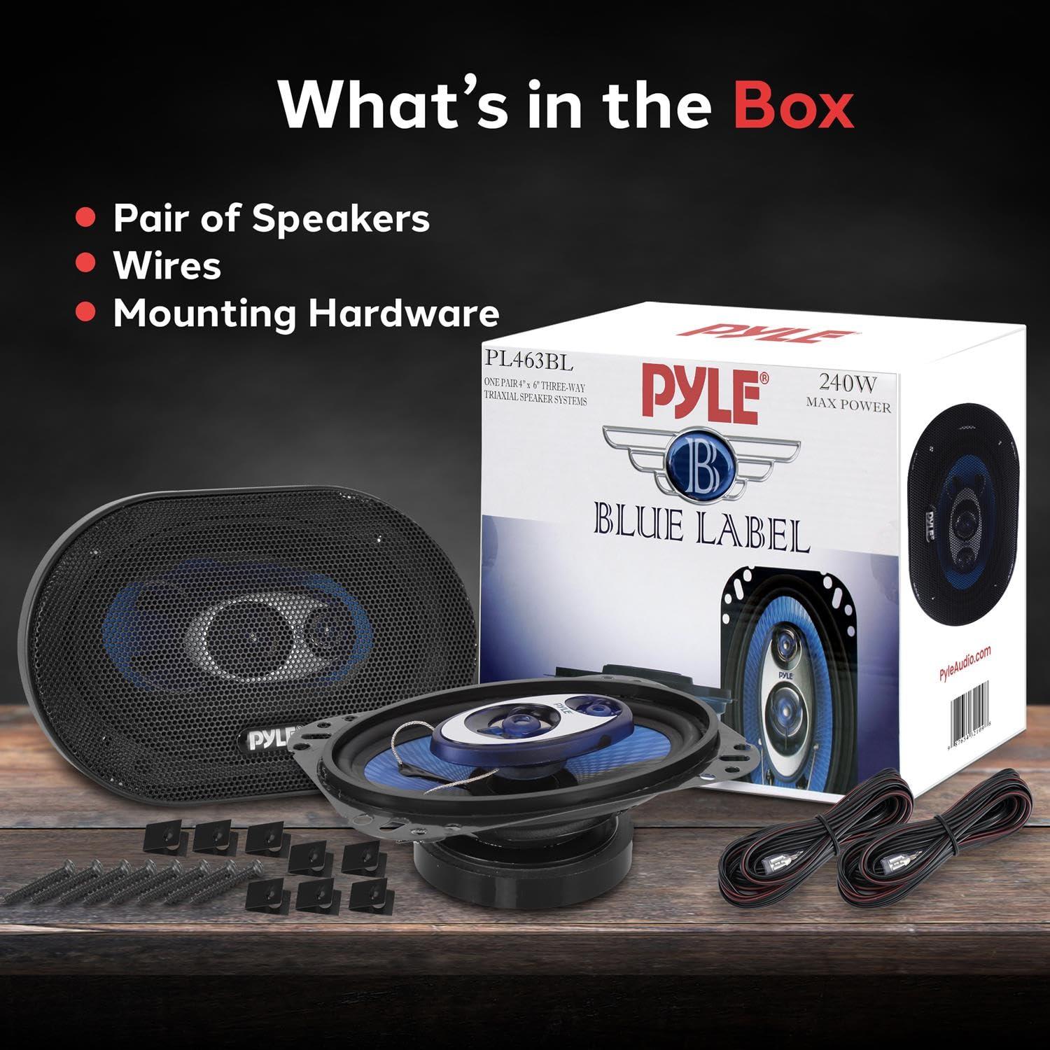 Pyle Pyle 4'' x 6'' Three Way Sound Speaker System - Pro Mid Range Triaxial Loud Audio 240 Watt per Pair w/ 4 Ohm Impedance and 3/4'' Piezo Tweeter for Car Component Stereo PL463BL