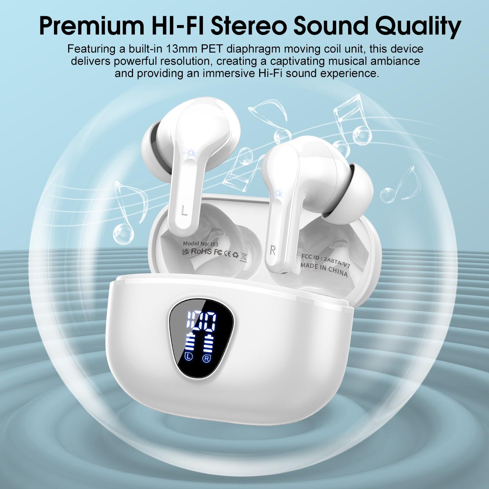 BESNOOW Wireless Earbuds Bluetooth 5.3 Headphones, 40H Playback HiFi Stereo Ear Buds with LED Display, ENC Noise Cancelling Earbuds, IP7 Waterproof in-Ear Earphone for iOS Andriod Sport/Workout/Running/White