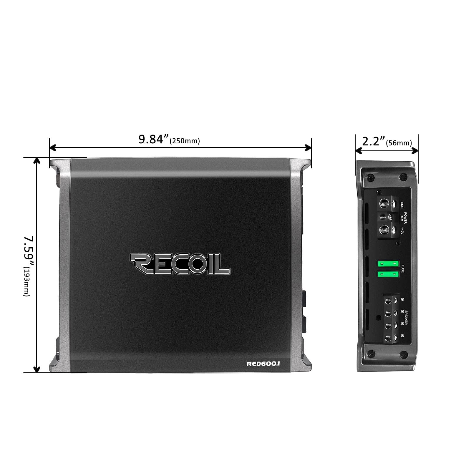 RECOIL Recoil RED600-1 1320 Watts Class-D Car Audio Mono-Block Subwoofer Amplifier, 1 Ohm Stable, Remote Bass Knob Included