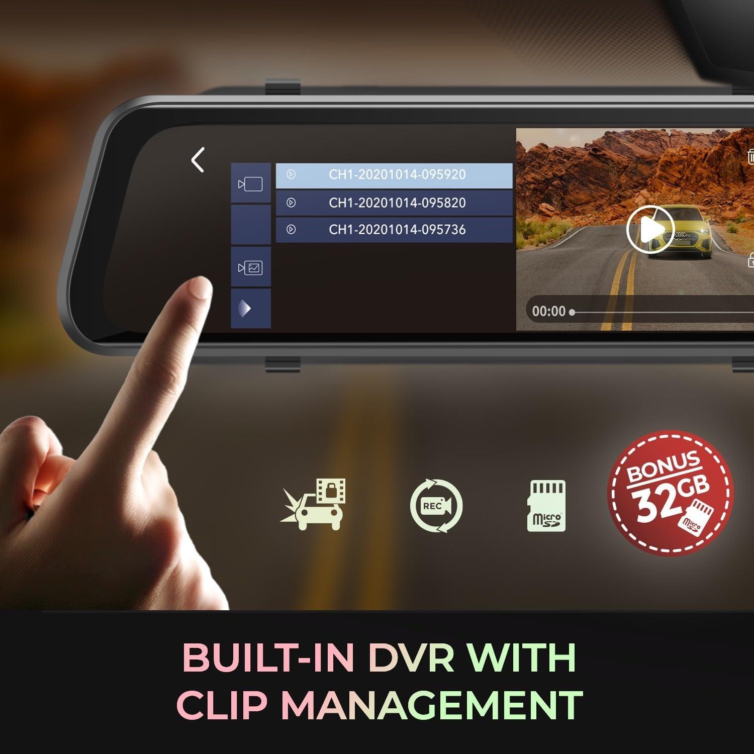 myGEKOgear GekoGear 12" 4K Mirror Dash Cam Backup Camera, 2160P Full HD Smart Rearview Mirror for Cars & Trucks, Front and Rear View Dual Cameras, Night Vision, Parking Assistance, Free 32GB Card & GPS