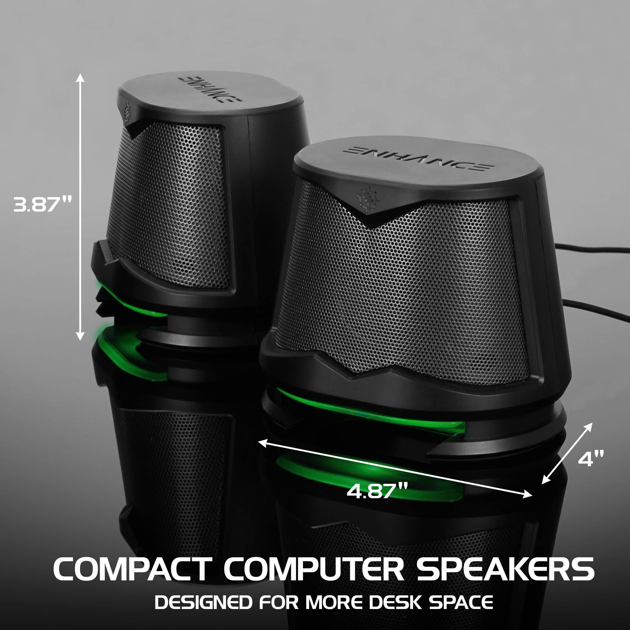 ENHANCE ENHANCE SB2 Computer Speakers with Green LED Light, 2.0 USB Powered Stereo - Speakers for PC, Work from Home Accessories, Surround Sound with 3.5mm Plug - Compatible with Gaming Laptop, Desktop