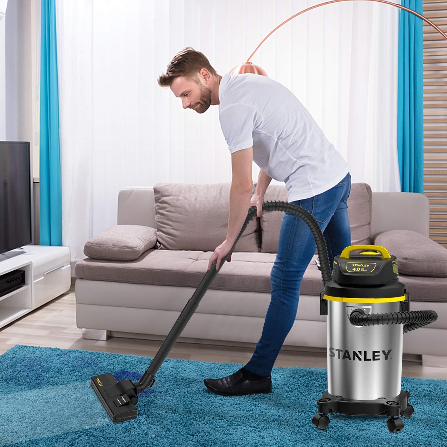 Stanley Stanley SL18129 Wet/Dry Vacuum, 4 Gallon, 4 Peak HP, Stainless Steel Tank with Top Handle, 3-in-1 Shop Vacuum Cleaner with Blower for Home, Garage, Car, Workshop, Pet Hair, Silver+Yellow+Black
