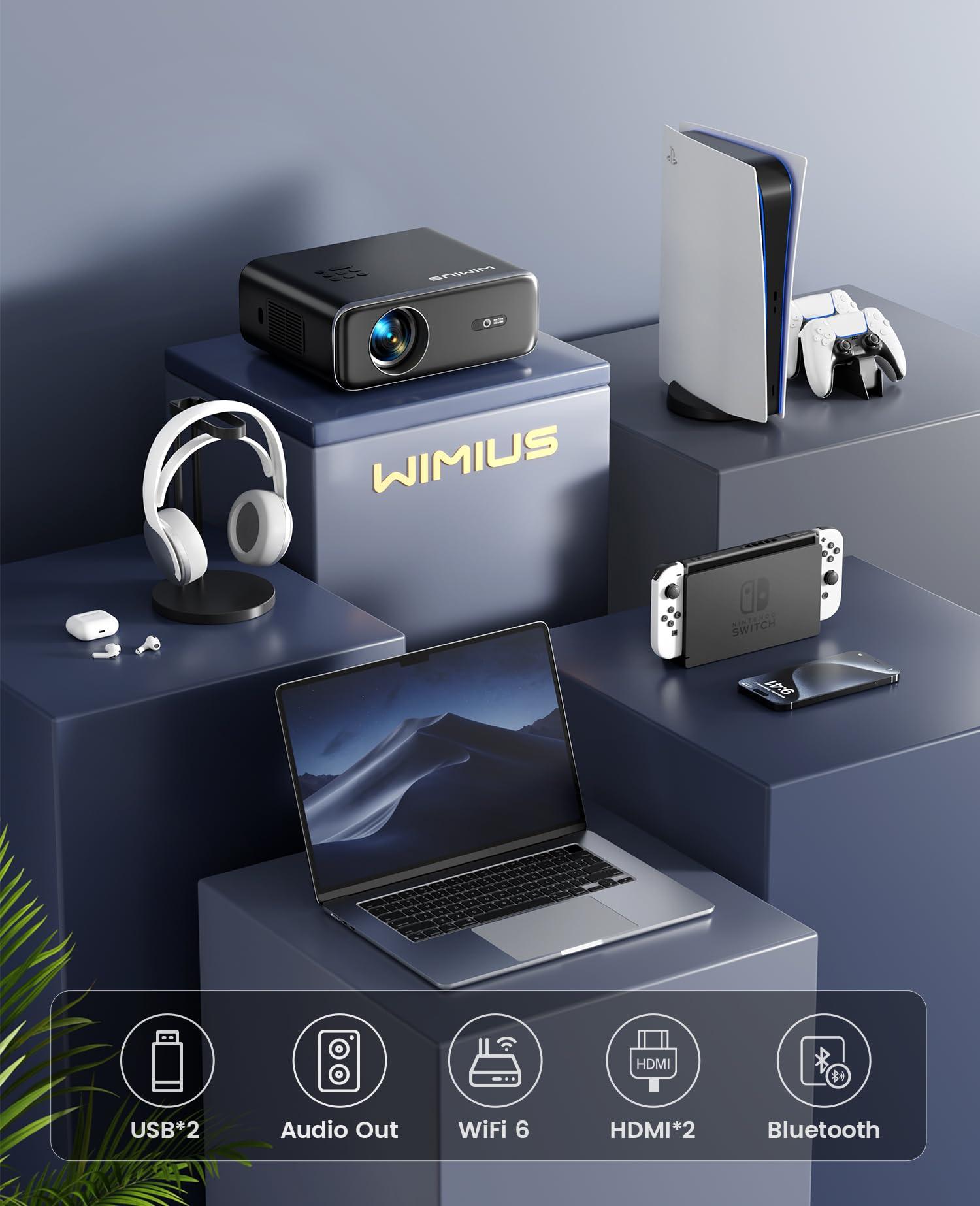 WiMiUS [Auto Focus/4K Support] Projector with WiFi 6 and Bluetooth 5.2, 600ANSI Native 1080P Outdoor Movie Projector, WiMiUS P62 Auto 6D Keystone & 50% Zoom, Smart Home Projector for iOS/Android/TV Stick