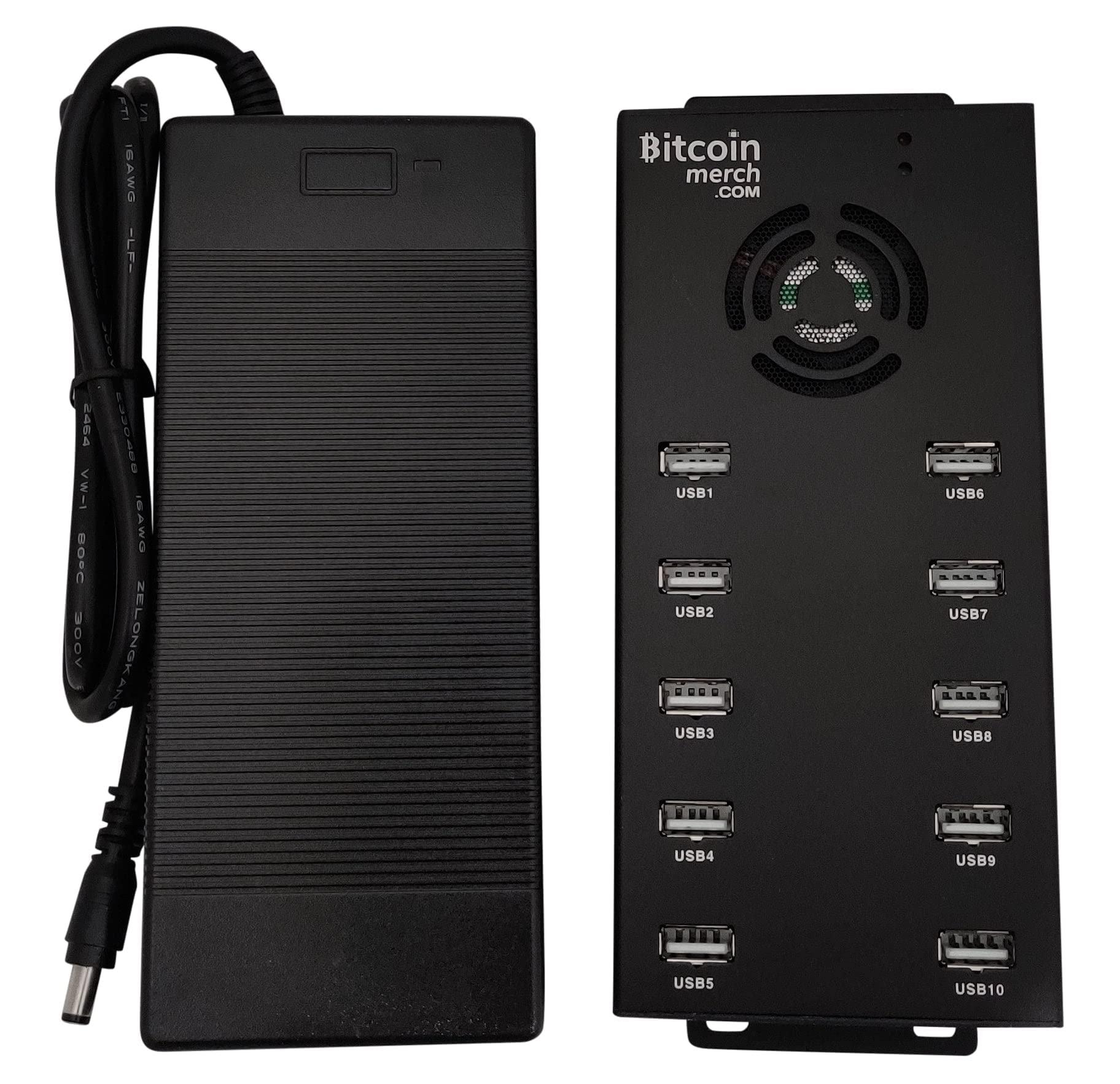 Bitcoin Merch BitcoinMerch.com - 10 Port USB Hub 120W Powered USB 2.0 Charging Hub 12V 10A PSU for NewpPac, Antminer, Moonlander