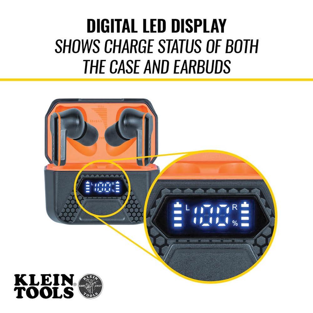 Klein Tools Klein Tools AESEB2 Elite Bluetooth Jobsite Earbuds, True Wireless Earplugs, 25dB NRR Hearing Protection, 24-Hour Playtime, Digital LED Display