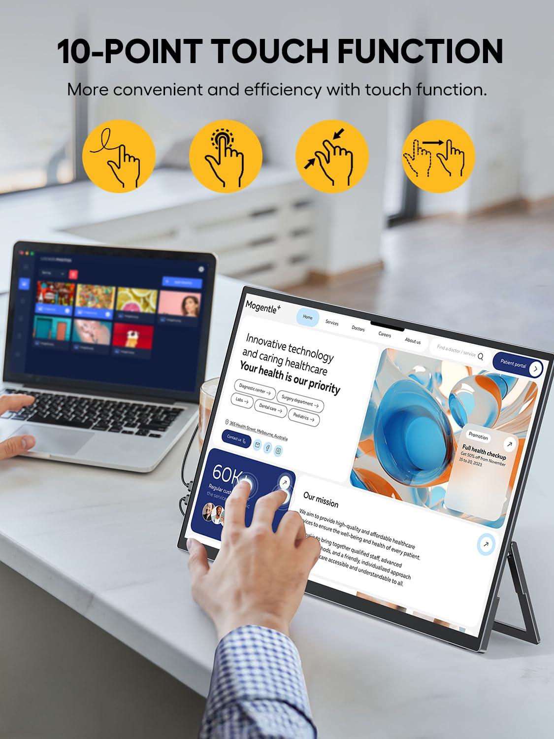 UPERFECT UPERFECT Portable Monitor 18.5-inch 120HZ Touchscreen 100% sRGB w/VESA & Stand 180 Adjustable Ultra-Slim & Lightweight Frameless FHD FreeSync IPS HDR Gaming Display, Travel Second Monitor for Laptop