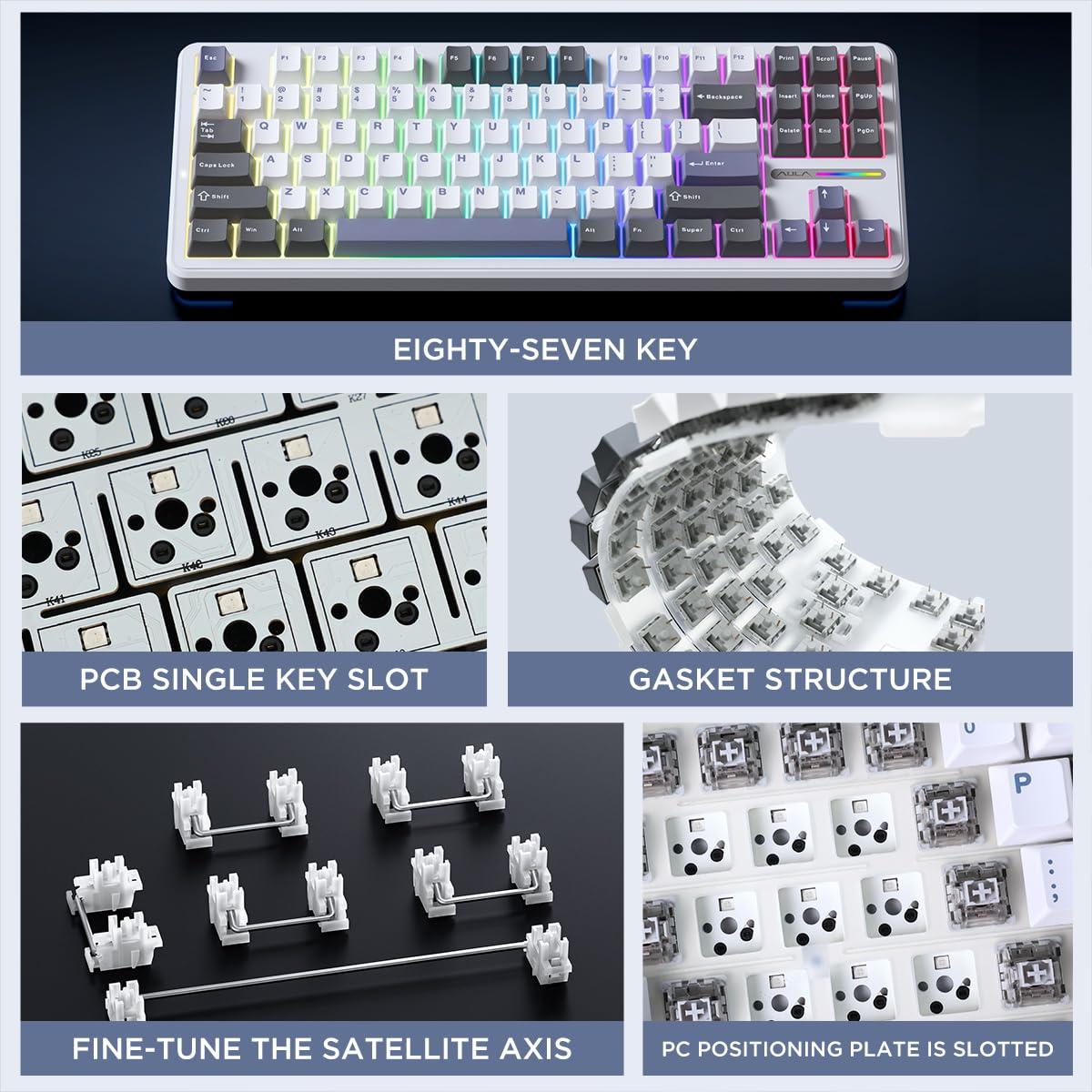 MC tech F87 Pro RGB Mechanical Gaming Keyboard, 5.0 BT/2.4 Ghz/Wired Three Modes, 87 Keys Wireless Keyboard, Programmable, Gasket Mount (White Grey)