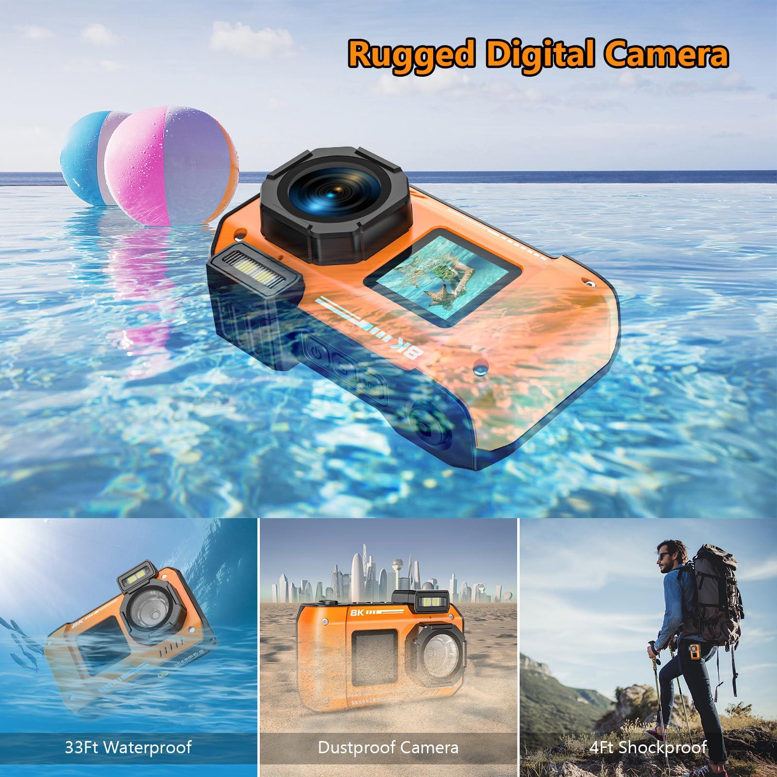 SPUNALP 8K UHD Underwater Camera 33FT Autofocus 70MP Rugged Dustproof Shockproof Digital Waterproof Dual-Screen Selfie Underwater Photograph Camera with 32GB Card, Orange