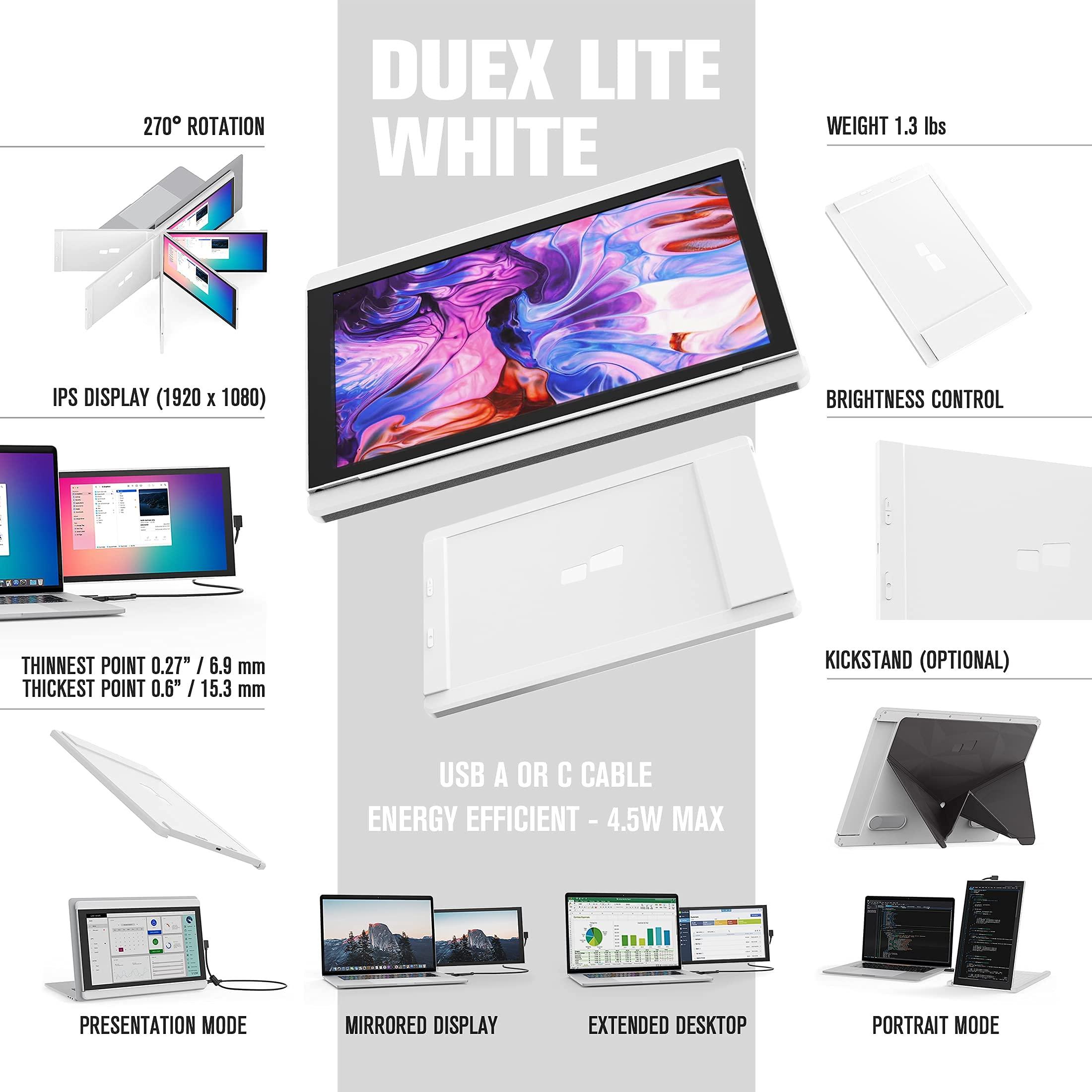 Duex Portable Monitor -Mobile Pixels Duex Lite Laptop Monitor with 12.5" Full HD 1920x1080p IPS Display,USBC Monitor Extender,Plug and Play,Any Laptops Compatible (White) (Renewed)