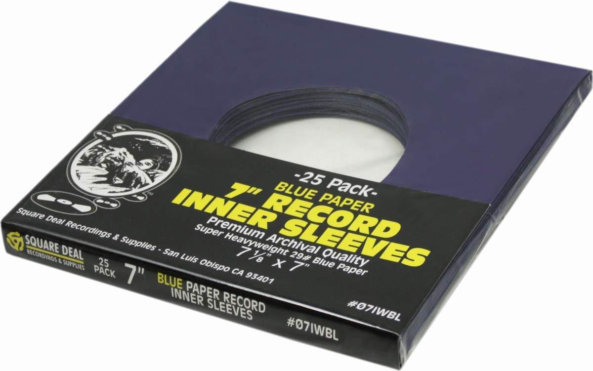 Square Deal Recordings & Supplies (100) 7" 45rpm Blue Vinyl Record Inner Sleeves - Archival Quality, Super Heavyweight 29# Paper with Hole - 07IWBL