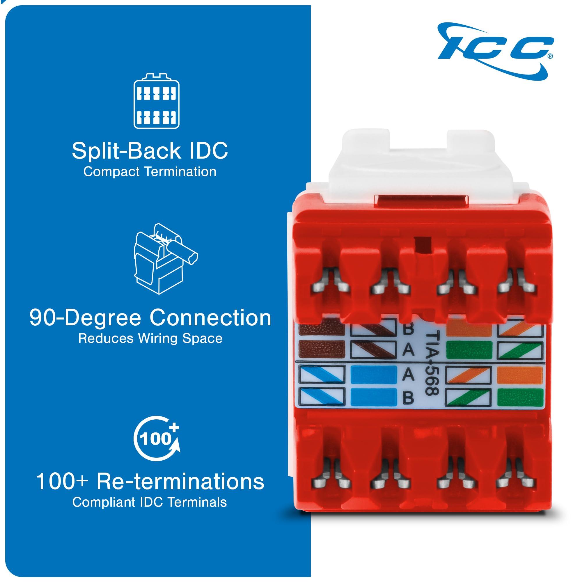 ICC ICC CAT6 Keystone Jack with Slim Profile 180 Degree Punch Down, RJ45 UL Listed PoE++ TAA Compliant for Wall Plate or Patch Panel, Works with JackEasy Termination Tool, Almond