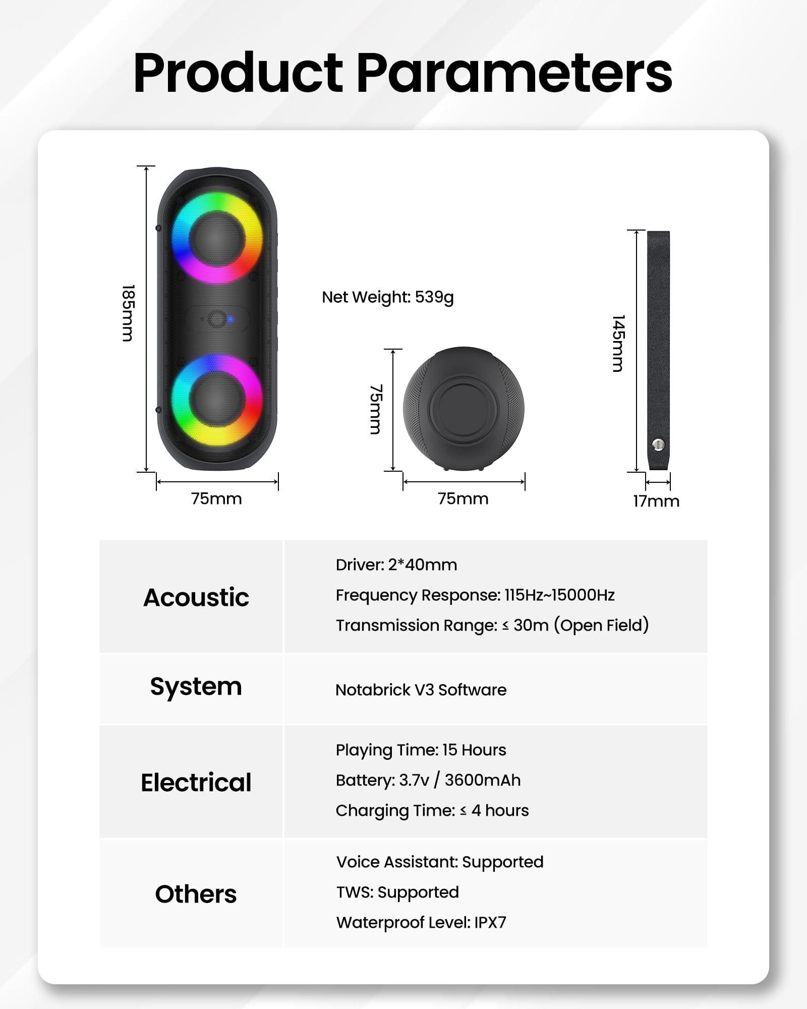 NOTABRICK Bluetooth Speakers with Light, 30W Portable Bluetooth Wireless(100FT Range) Loud Stereo Sound, IPX7 Waterproof Shower Speakers, RGB Multi-Colors Rhythm Lights, 1000mins Playtime for Indoor&Outdoor