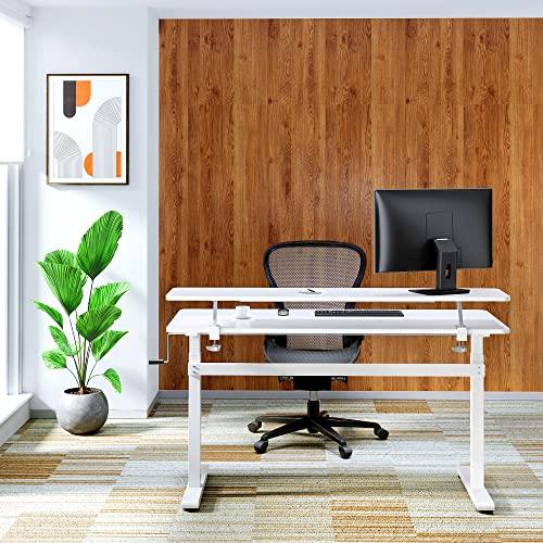 Stand Steady Stand Steady Tranzendesk 55 Inch Standing Desk with Clamp-On Shelf | Crank Height Adjustable Stand Up Workstation with Attachable Monitor Riser | Extra Large Sit Stand Desk Hold 3 Monitors (White)