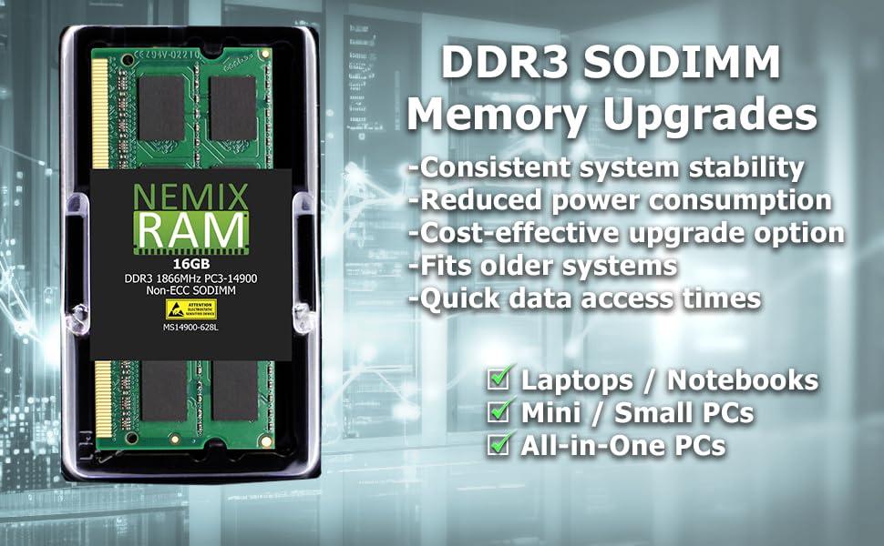 NEMIX RAM NEMIX RAM 4GB (1X4GB) DDR3 1066MHZ PC3-8500 2Rx8 1.5V 204-PIN Non-ECC SODIMM Laptop AIO Memory