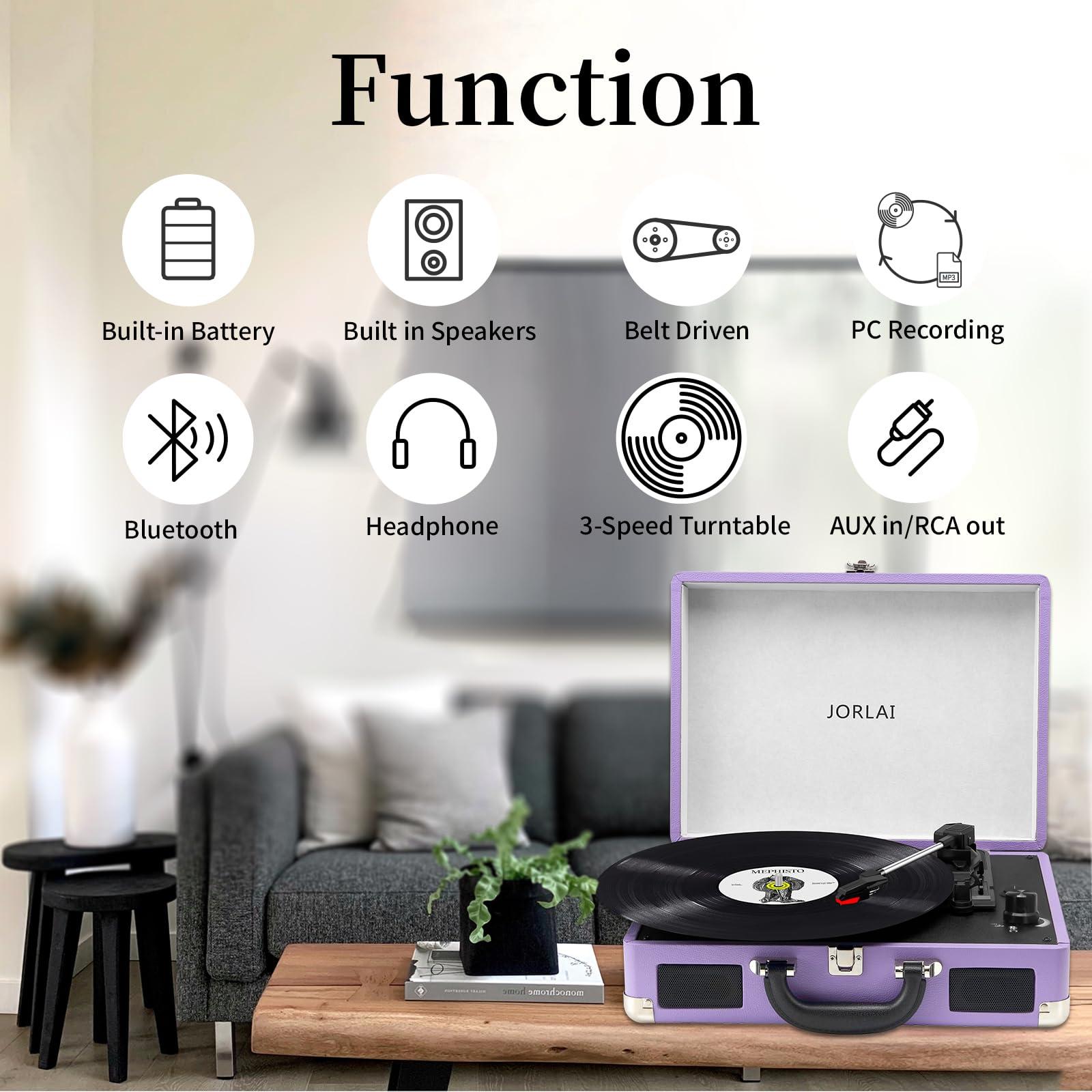 JORLAI JORLAI Record Player 3 Speed Vinyl with Bluetooth Vintage Turntable Built in Battery Portable Suitcase Support Aux in RCA Line Out Headphone Jack Purple