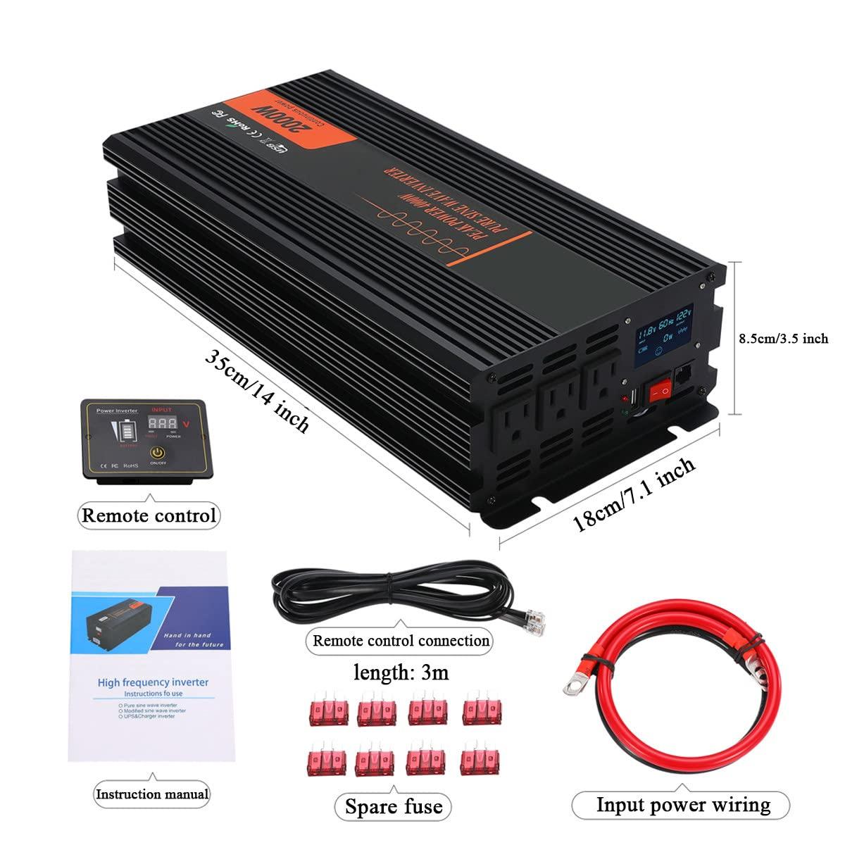 TOOJUN Car Power Inverter Pure Sine Wave DC 12V/24V/48V/60V to AC 120V/220V Transformer Convert with Wired Remote Control (Optional Socket),12V-120V