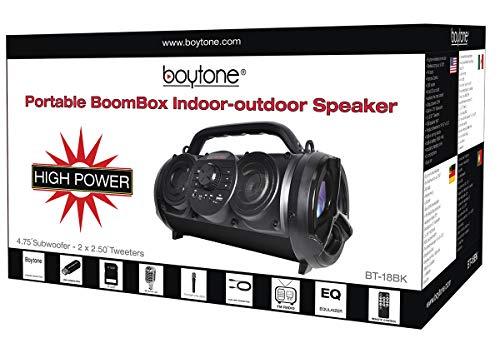 Boytone Boytone BT-18BK Portable Bluetooth Boombox Speaker, 80W Peak Indoor/Outdoor, Loud Sound, Deeper Bass, EQ, 5\" Subwoofer, Tweeter, FM, 9H Playtime, USB, Micro SD, Microphone, Recording, LED Light