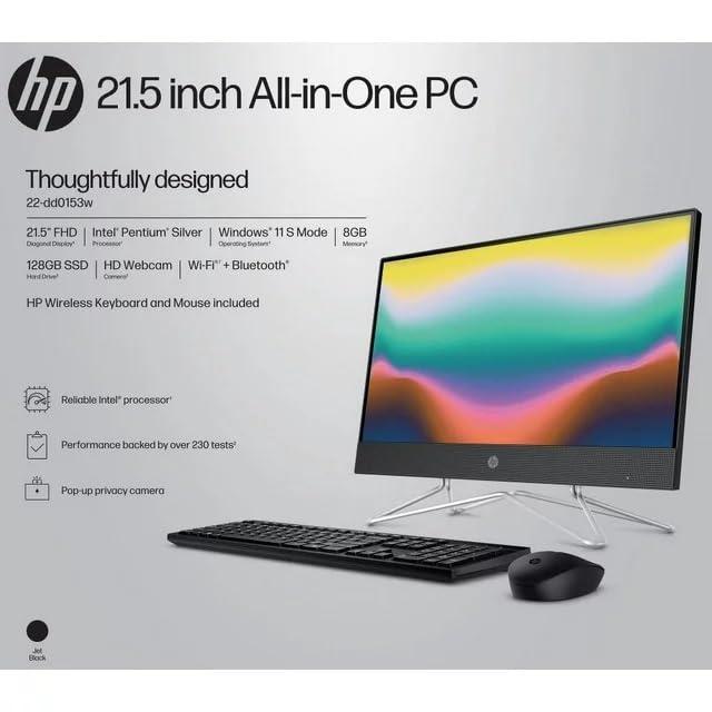 HP HP 21.5" FHD All-in-One PC, Intel Pentium Silver J5040, Intel UHD Graphics 605, 8GB RAM, 128GB SSD, 720p HD Camera, Wi-Fi and Bluetooth, Black, Windows 11 Home in S Mode (Model: 22-dd0153w)