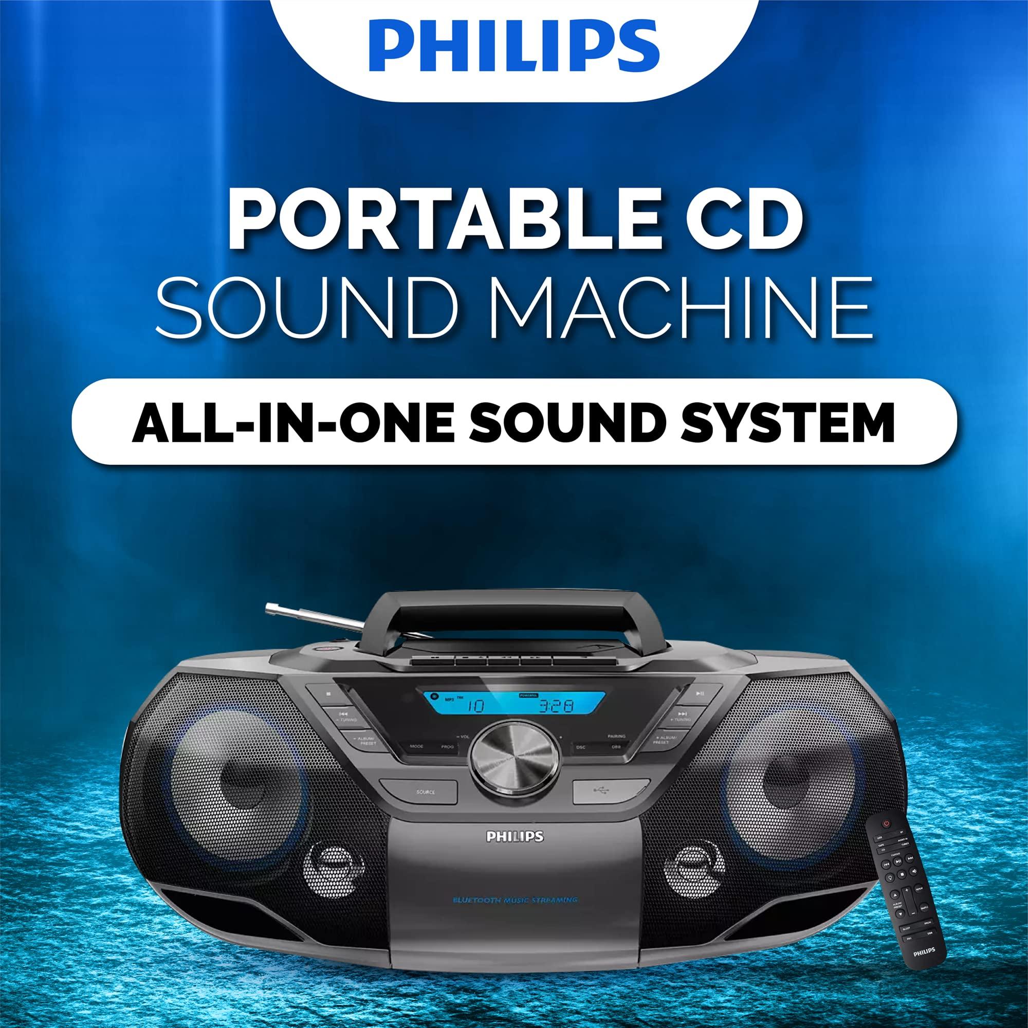 PHILIPS Philips Portable CD Player Boombox Bluetooth with Cassette Player All in one Powerful Stereo Boom Box CD Player for Home Mega Bass Reflex Speakers, Radio/USB/MP3/AUX Input with Backlight LCD Display