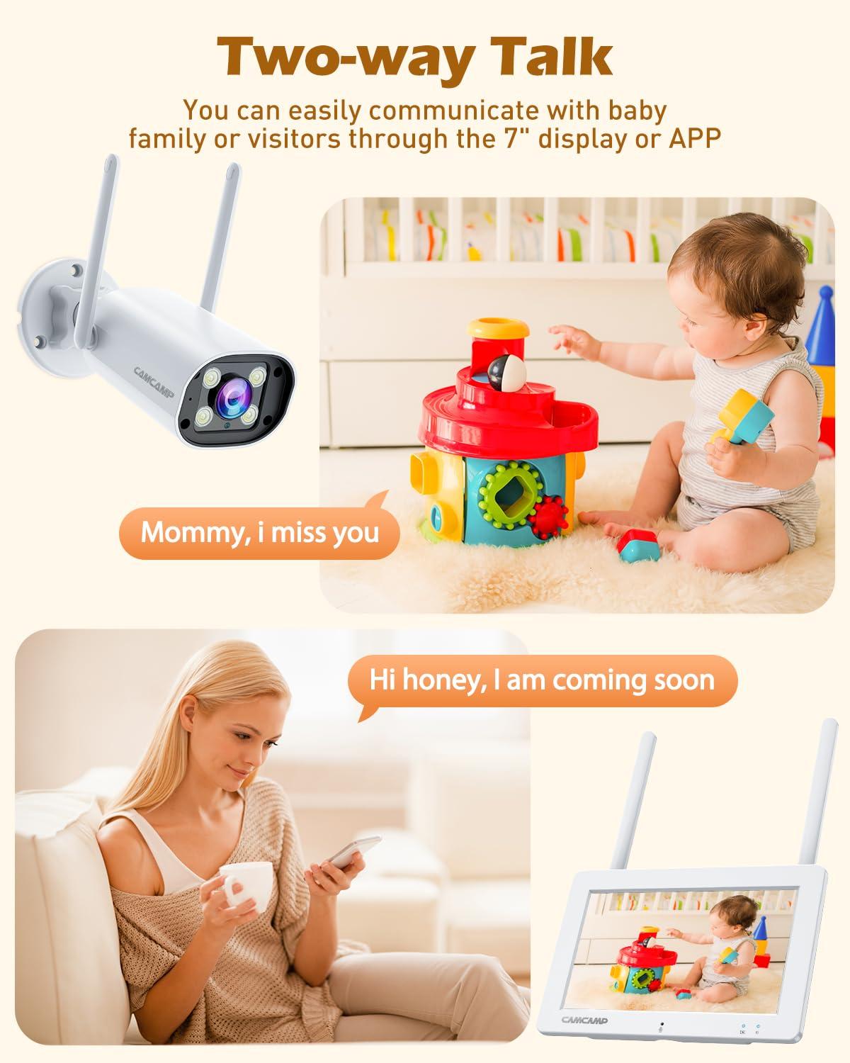 Camcamp Camcamp Wireless Security Camera System with 7" Touchscreen Monitor & 2PCS 2K Wired Outdoor Security Camera, Plug-in Power, Color Night Vision, 2 Way Audio, Motion Detection, 32GB SD Card Included