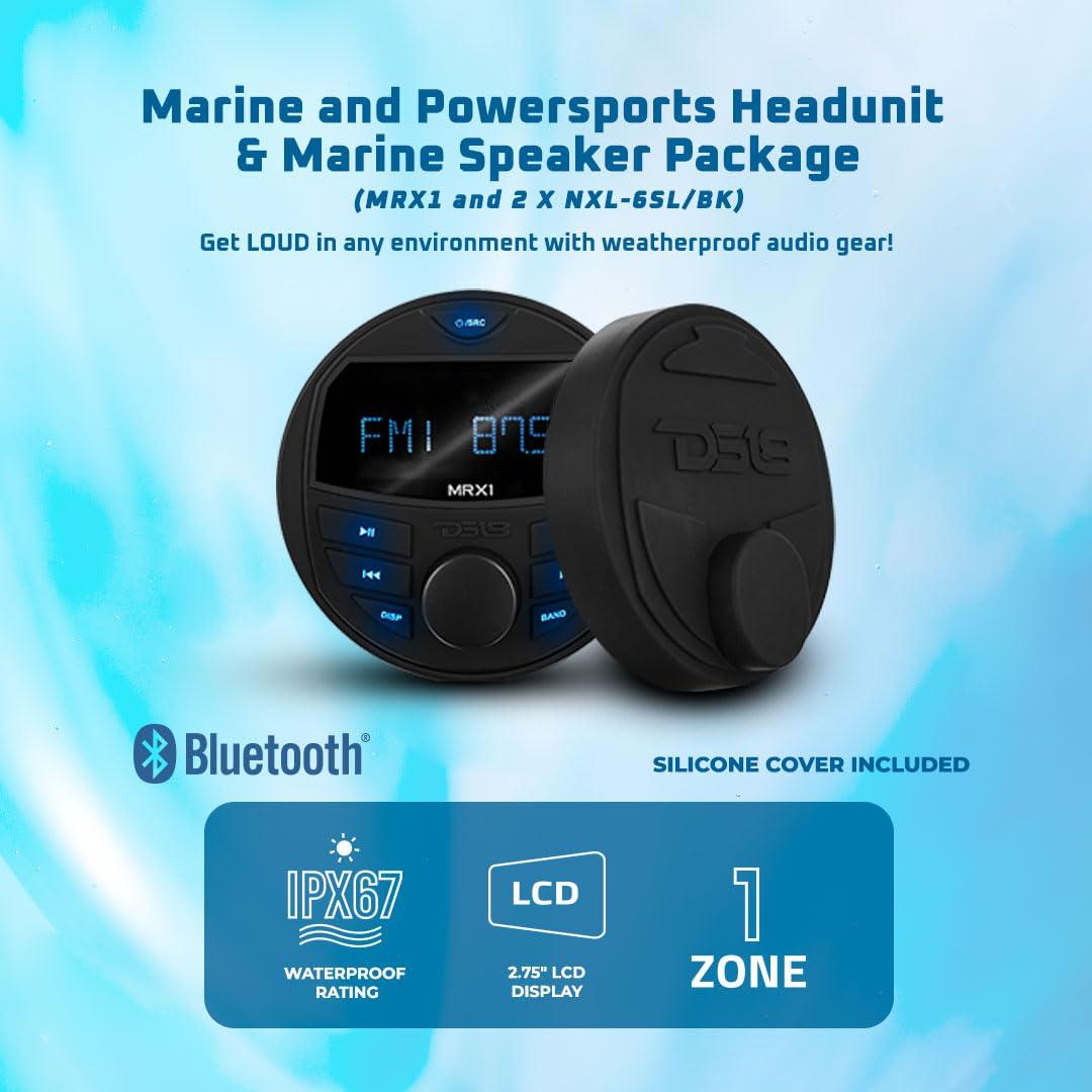 DS18 DS18 MRX16SL/WH Powersports & Marine Multimedia Radio & 2 Way 6.5” Slim Speaker Package – RGB Lights, Bluetooth, Waterproof