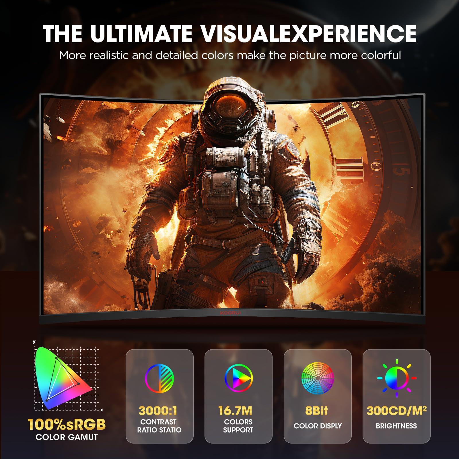 KOORUI KOORUI 32 inch Curved Gaming Monitor - QHD (2560 x 1440) 2K Display, 170Hz 144Hz Monitor, 1500R Curvature, 1ms, HDR10, Adaptive Sync, Tilt Adjustable, DisplayPort HDMI, Black - GA01