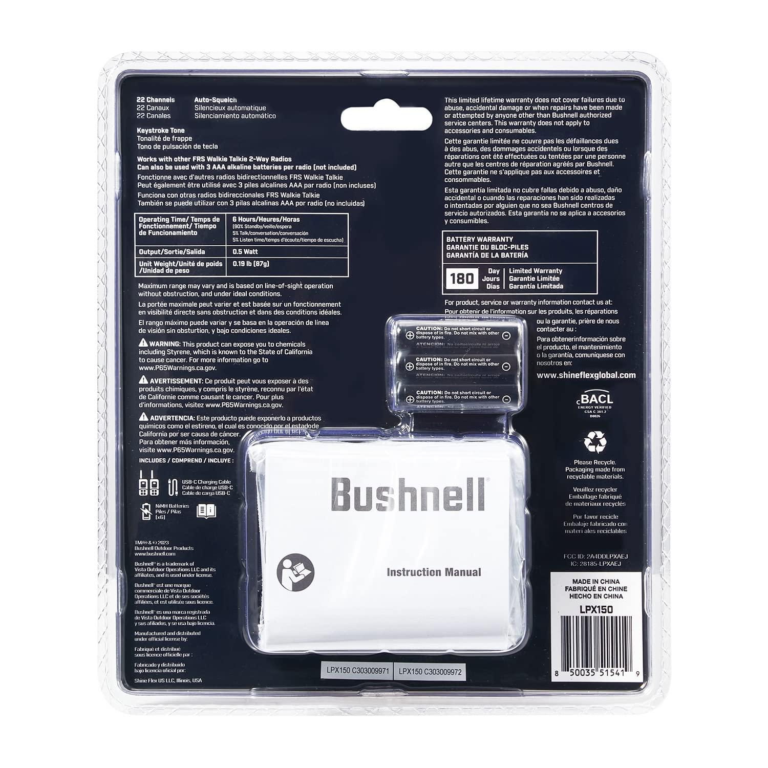 Bushnell Bushnell LPX150 Walkie Talkie Radio - Reliable Quality, Rugged Design, 0.5W Power for 20 Miles of Range, Two Way Radios Equipped for Wherever Life Takes You (2 Pack)