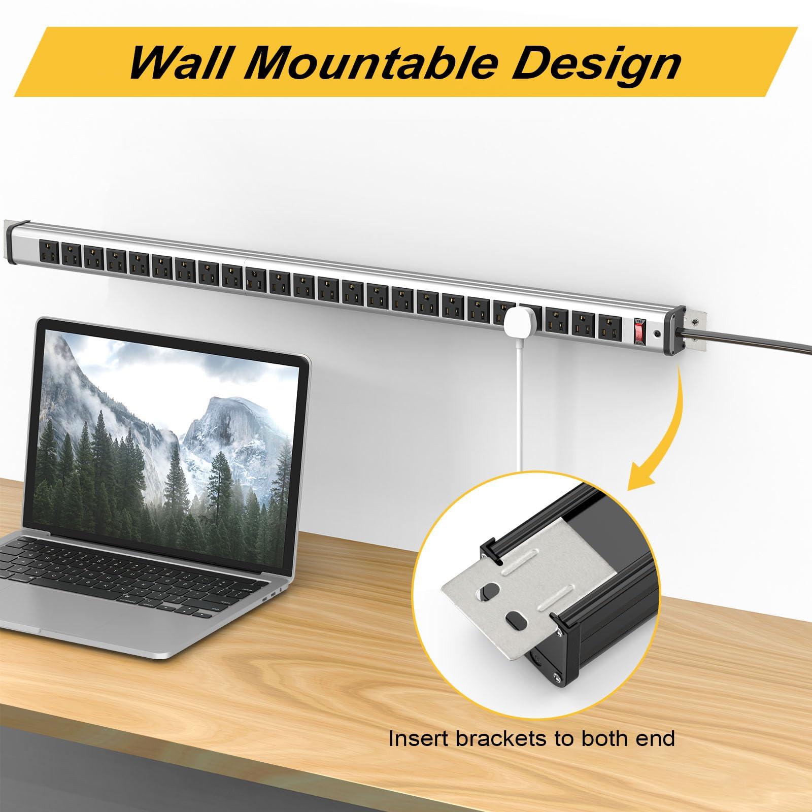 Kungfuking Long Power Strip 24-Outlet ETL Certified Heavy Duty Metal Power Strip 10 ft Extension Cord with Multiple Outlets Garage Workshop Commercial Industrial Power Strip