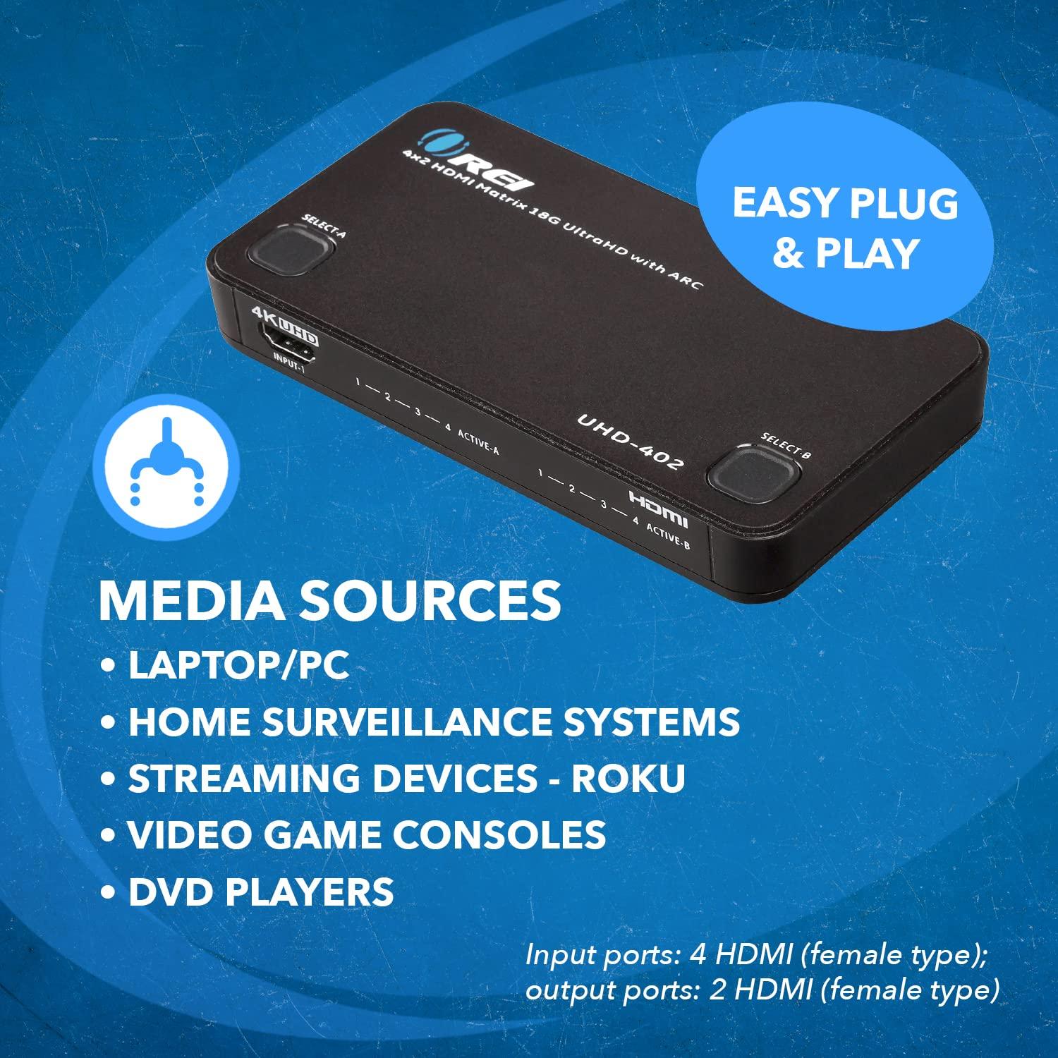OREI OREI 4K HDMI Matrix Switch 4 X 2, Switcher 18G UltraHD with Arc Supports Upto 4K @ 60Hz & 1080P IR Remote Control - Full Matrix Selection (UHD-402)
