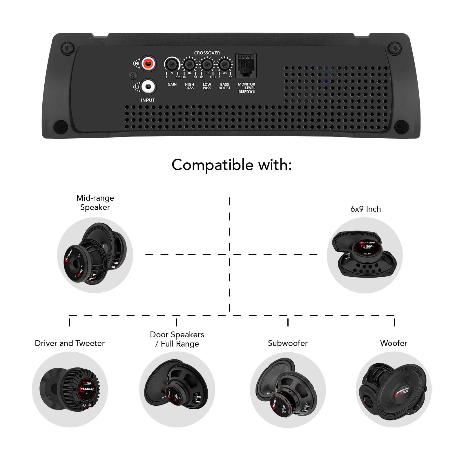 Taramp\'s Taramps HD 3000 1 Ohm Class D monoblock car Audio amp 3000 watts RMS + Taramps TS 400x4 2 Ohms Full Range 4 Channels 400W RMS car Amplifier Bundle, 2-Pack