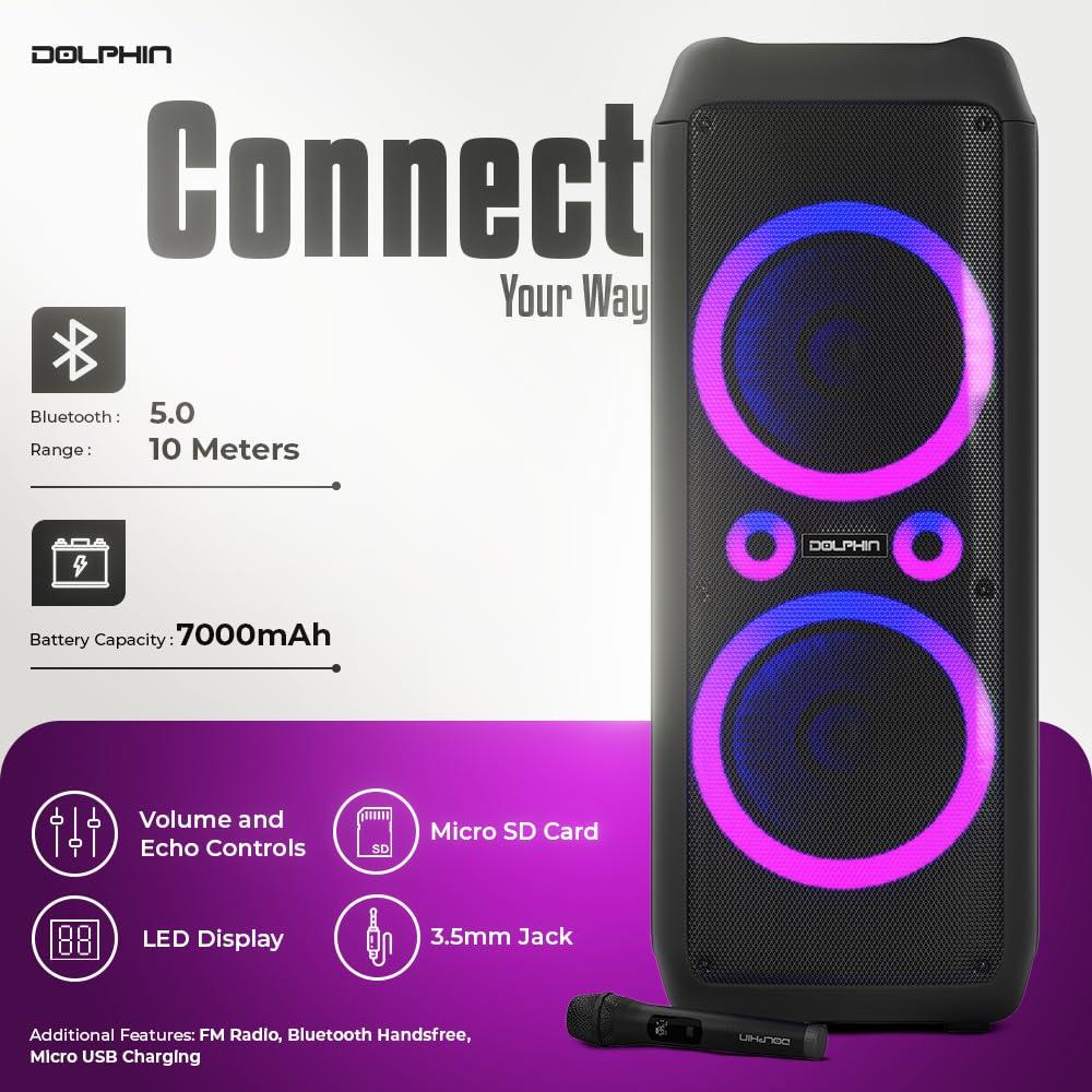 Dolphin Dolphin SP-1270RBT Dual 12-Inch Premium Party Bluetooth Speaker, Bluetooth/USB/SD/FM/AUX, X-Bass, 5-Band EQ, LED Display, Quad Ring Lights