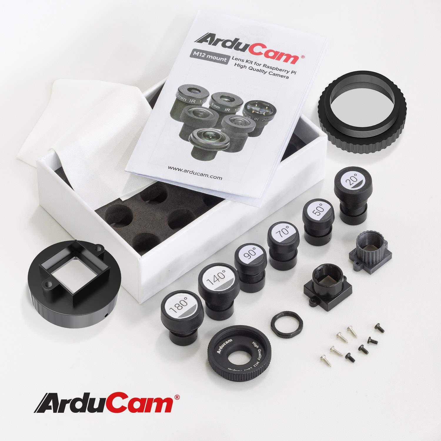 Arducam Arducam M12 Lens Kit for Raspberry Pi HQ Camera (Type 1/2.3), 20 to 180 Degrees Telephoto, Wide Angle, Fisheye Lenses with M12 to CS-Mount Adapter, Locking Ring, Cleaning Cloth and More