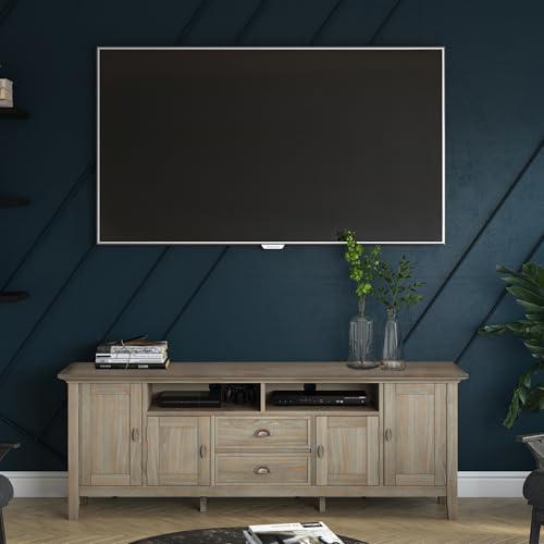SIMPLIHOME SIMPLIHOME Redmond SOLID WOOD Universal TV Media Stand, 72 inch Wide, Transitional, Living Room Entertainment Center with Storage, for Flat Screen TVs up to 80 inches in Distressed Grey
