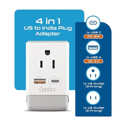 Ceptics Ceptics US to India Plug Adapter, Type D Plug Adapter QC 3.0 & PD, Safe Dual USB & USB-C 18W, India Plug Adapter Fast Charging - Powerful 2 USA Sockets - Use in Pakistan Nepal Sri Lanka - AP-10