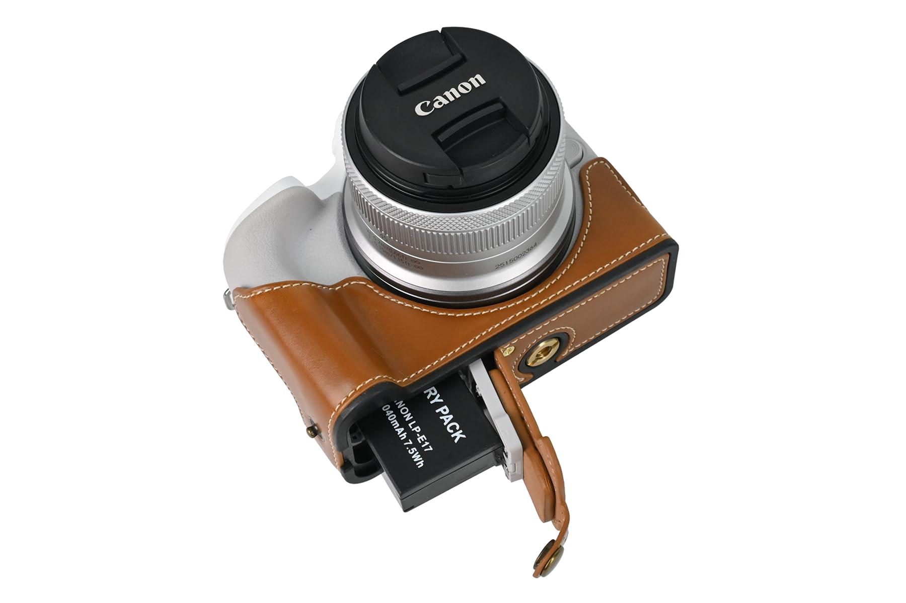 BMAOLLONGB R50 Case, BMAOLLONGB Handmade PU Leather Half Camera Case Bag Cover Bottom Opening Version for Canon Eos R50 with Hand Strap (Brown)