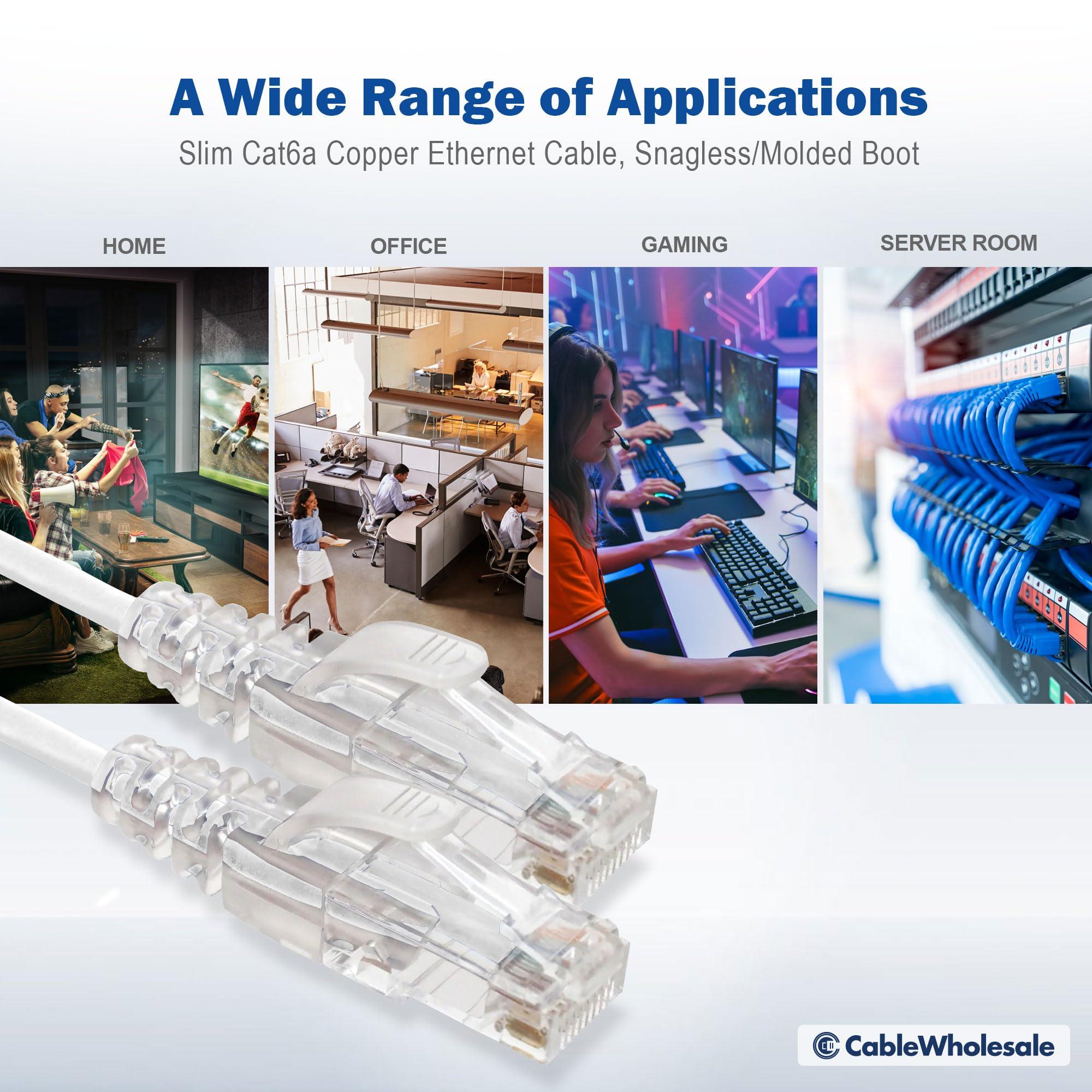 CableWholesale CableWholesale Slim Cat6a Ethernet Patch Cable, 28AWG, 500MHZ, ETL/UL/CSA Approved, RJ45 Copper Connector Snagless/Boot, Internet Network Patch Cable, White, 3 Feet