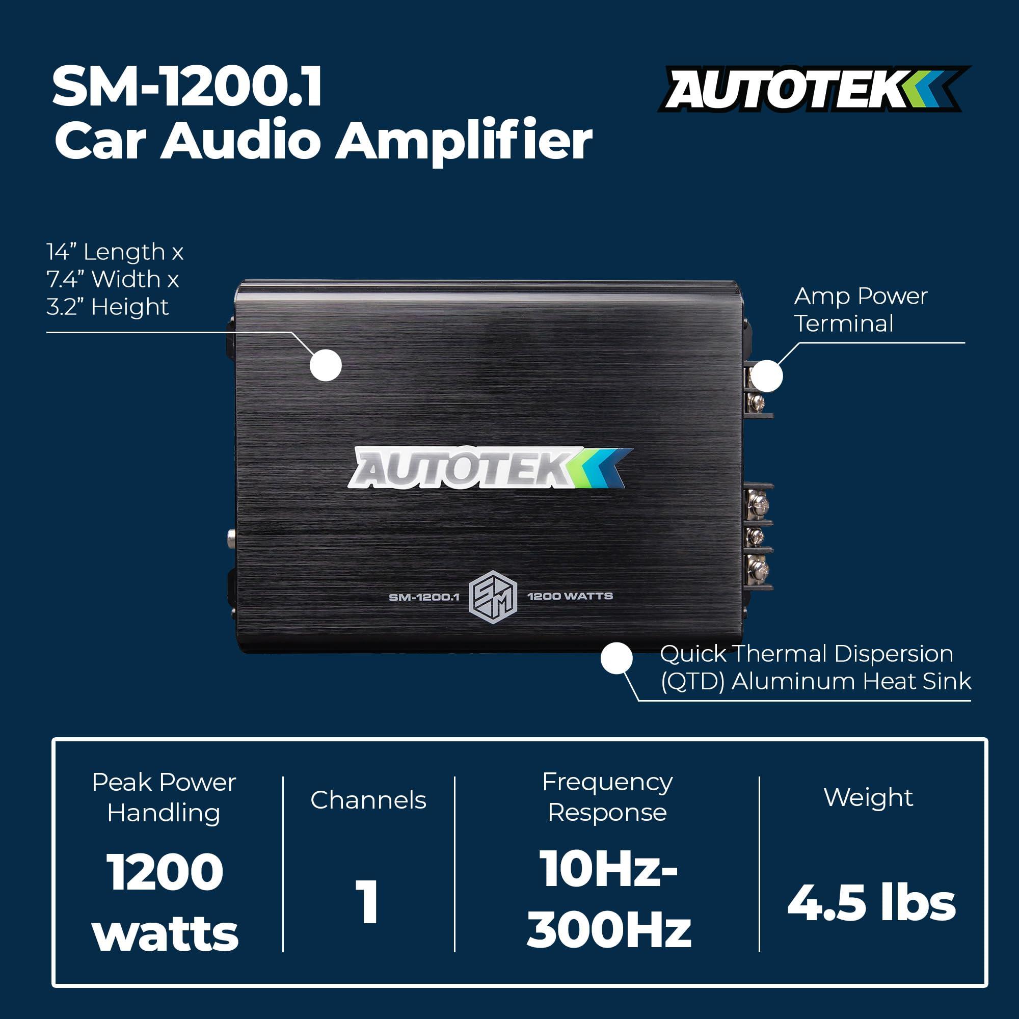 Autotek Autotek 1200 Watt 1 Channel Car Audio Amplifier, High Output Class D Mono Bridged 4 Ohm Stable Input, Street Machine, SM-1200.1, Black