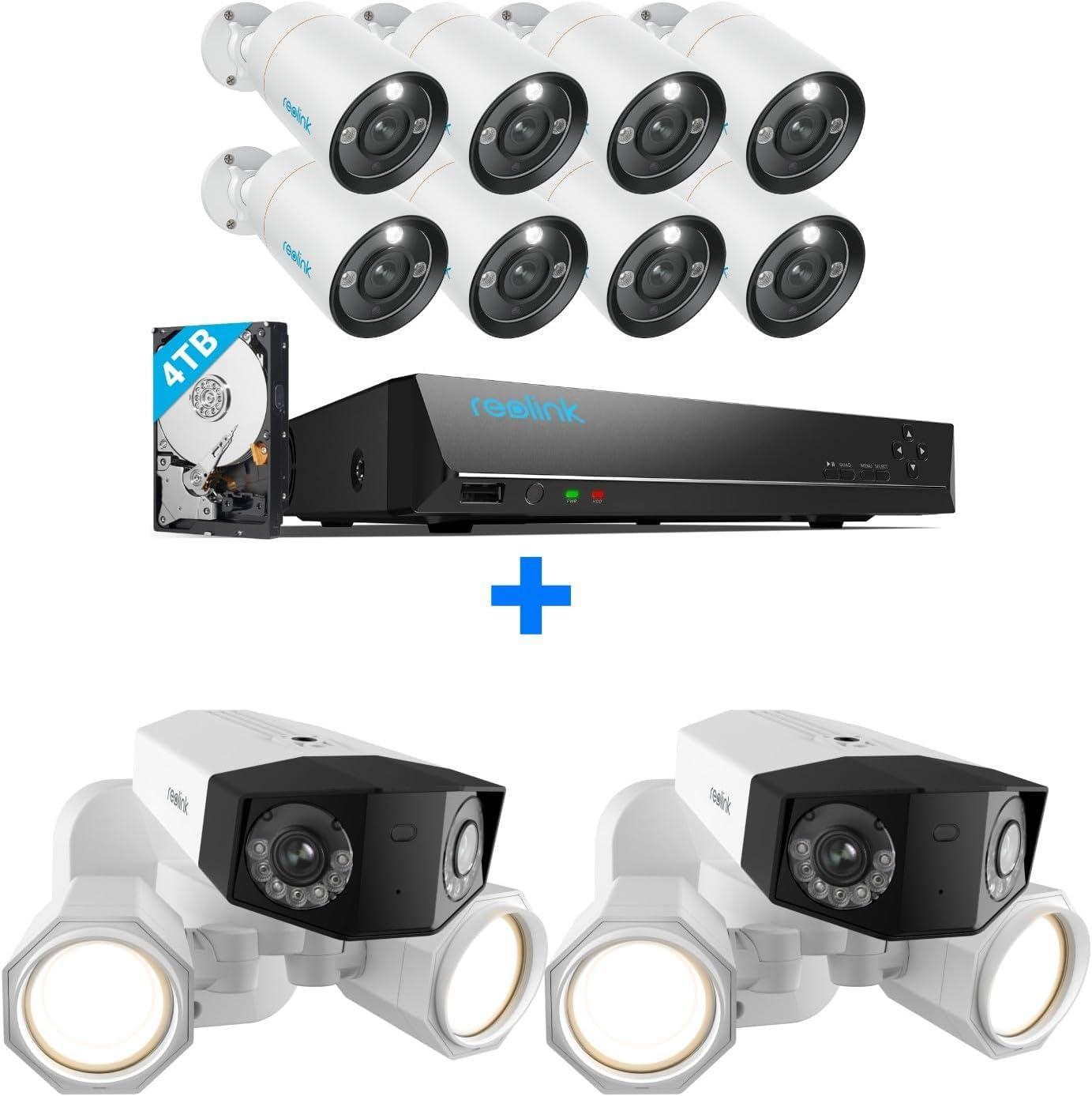 REOLINK REOLINK 12MP Security Camera System, 8pcs PoE Security Camera Outdoor Color Night, 2-Way Talk, 16CH NVR 4TB HDD, RLK16-1200B8-A Bundle with 2pcs 4K Ultra-Wide Angle Camera Duo Floodlight PoE