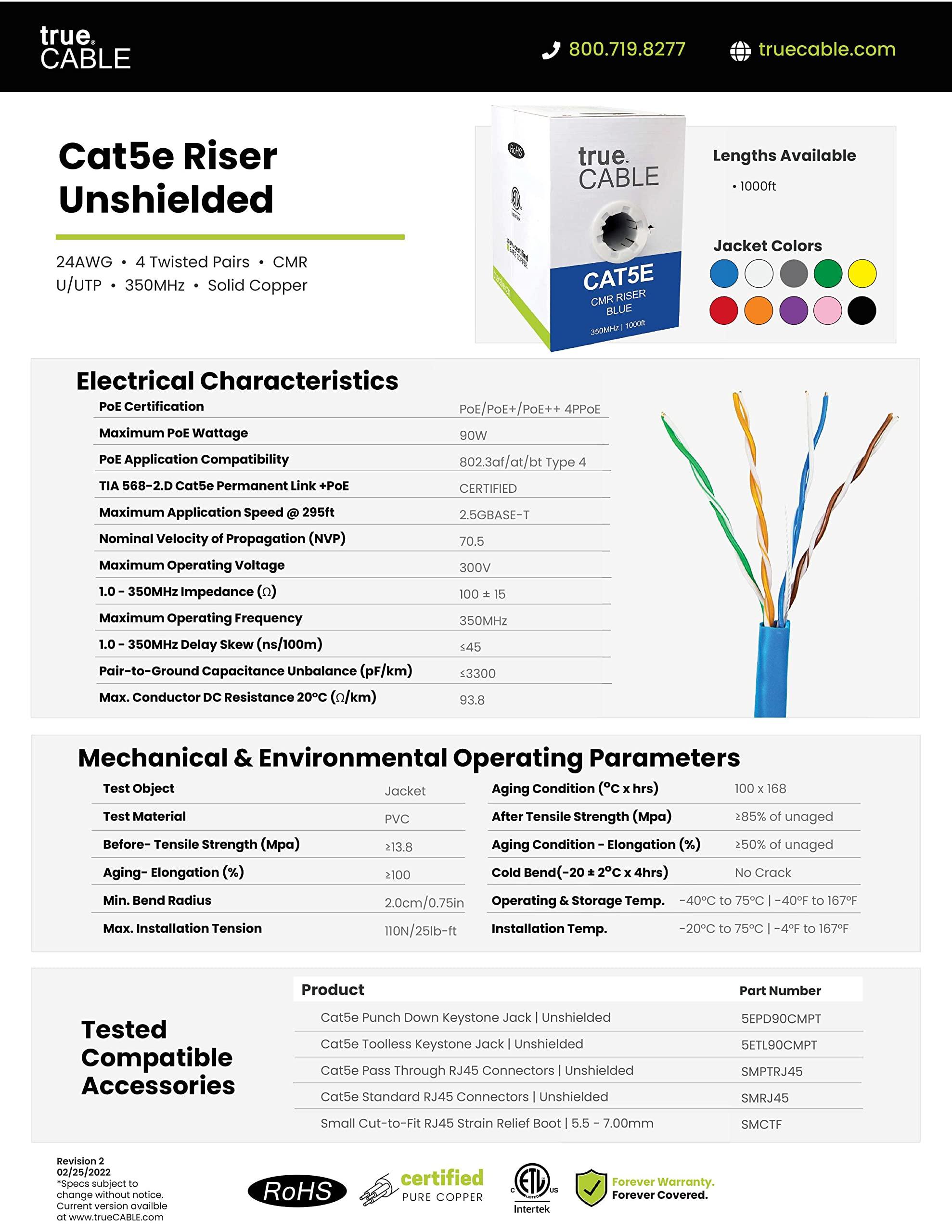 TRUE CABLE trueCABLE Cat5e Riser (CMR), 1000ft, Red, 24AWG 4 Pair Solid Bare Copper, 350MHz, PoE++ (4PPoE), ETL Listed, Unshielded Twisted Pair (UTP), Bulk Ethernet Cable