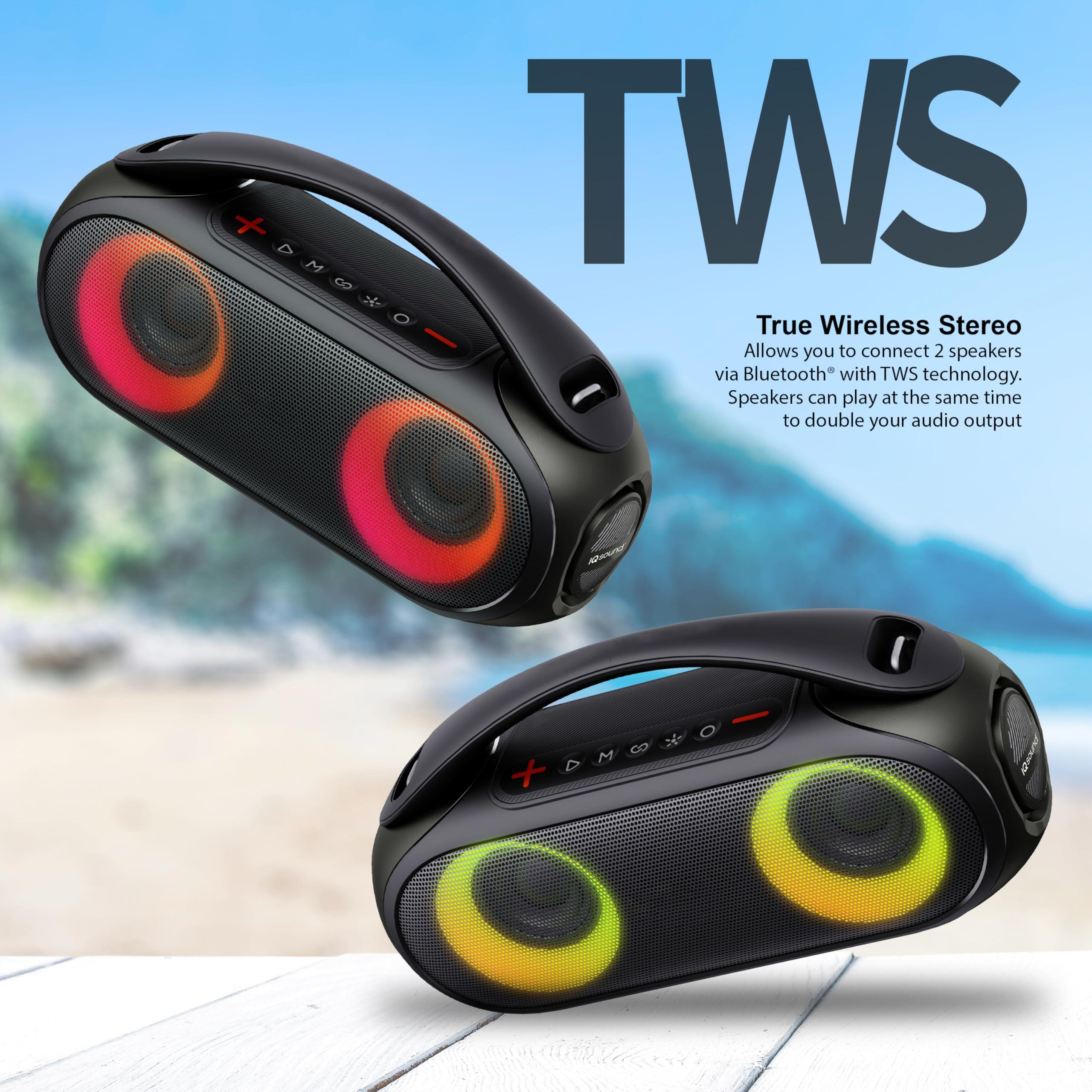 Supersonic IQ Sound IQ-3530RGB Portable Bluetooth Speaker with RGB Panel, IPX6 Water Resistant, TWS, Voice Control, Mic Input, FM Radio, USB, Line-in function, Rechargeable Battery - Perfect for any event