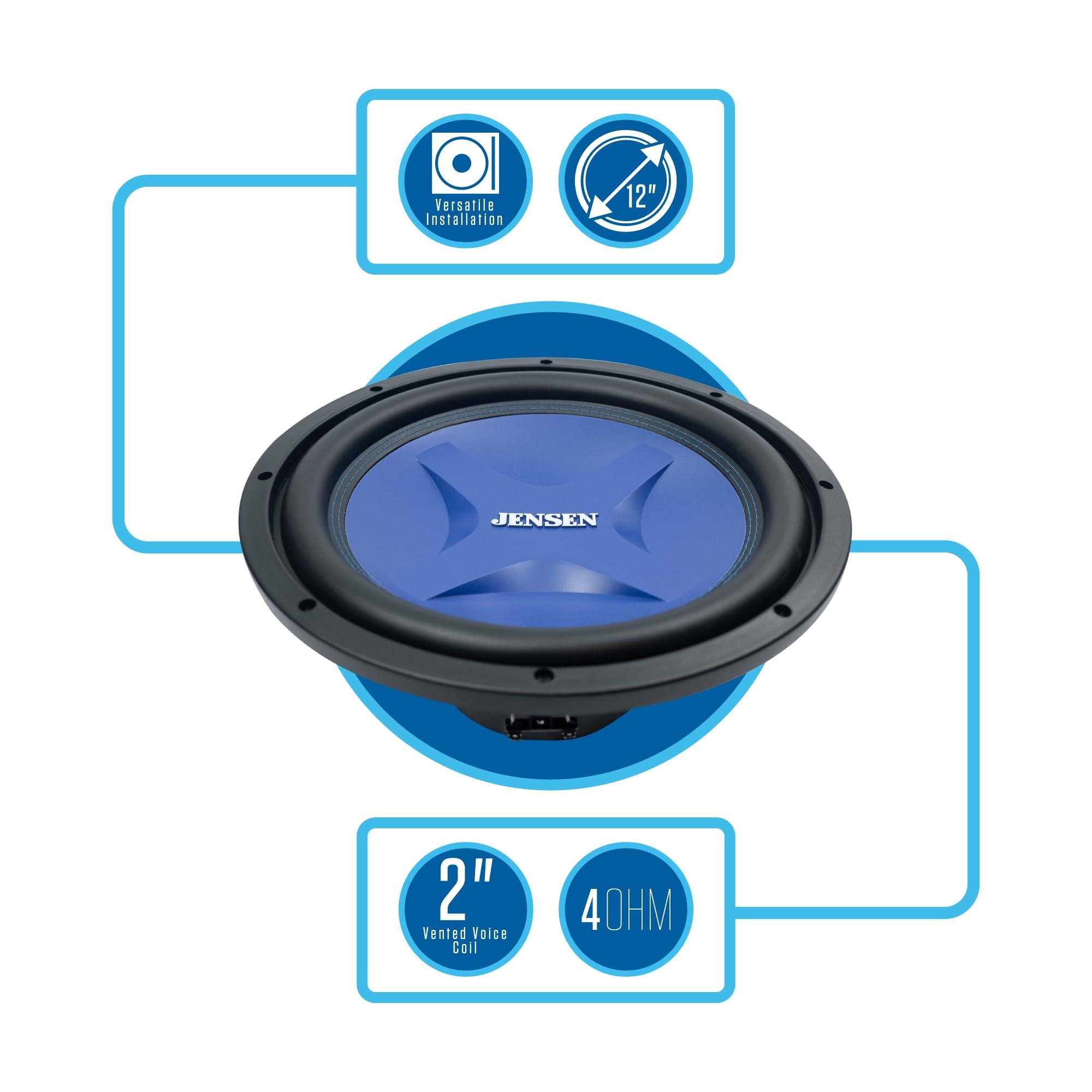 Jensen Jensen J4W12 12-Inch Subwoofer | 1200 Watts Peak Power | Blue Woofer Cone with Double Stitched Rubber Surround
