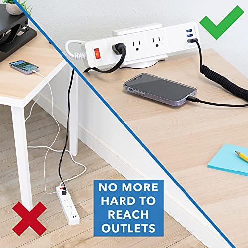 Mount-It! Mount-It! Power Strip Holder Clamp Desk Mount with Included Surge Protector | White Desktop Power Outlet with 3 USB Ports and 3 AC Power Outlets | Adjustable Power Strip Clamp Mount