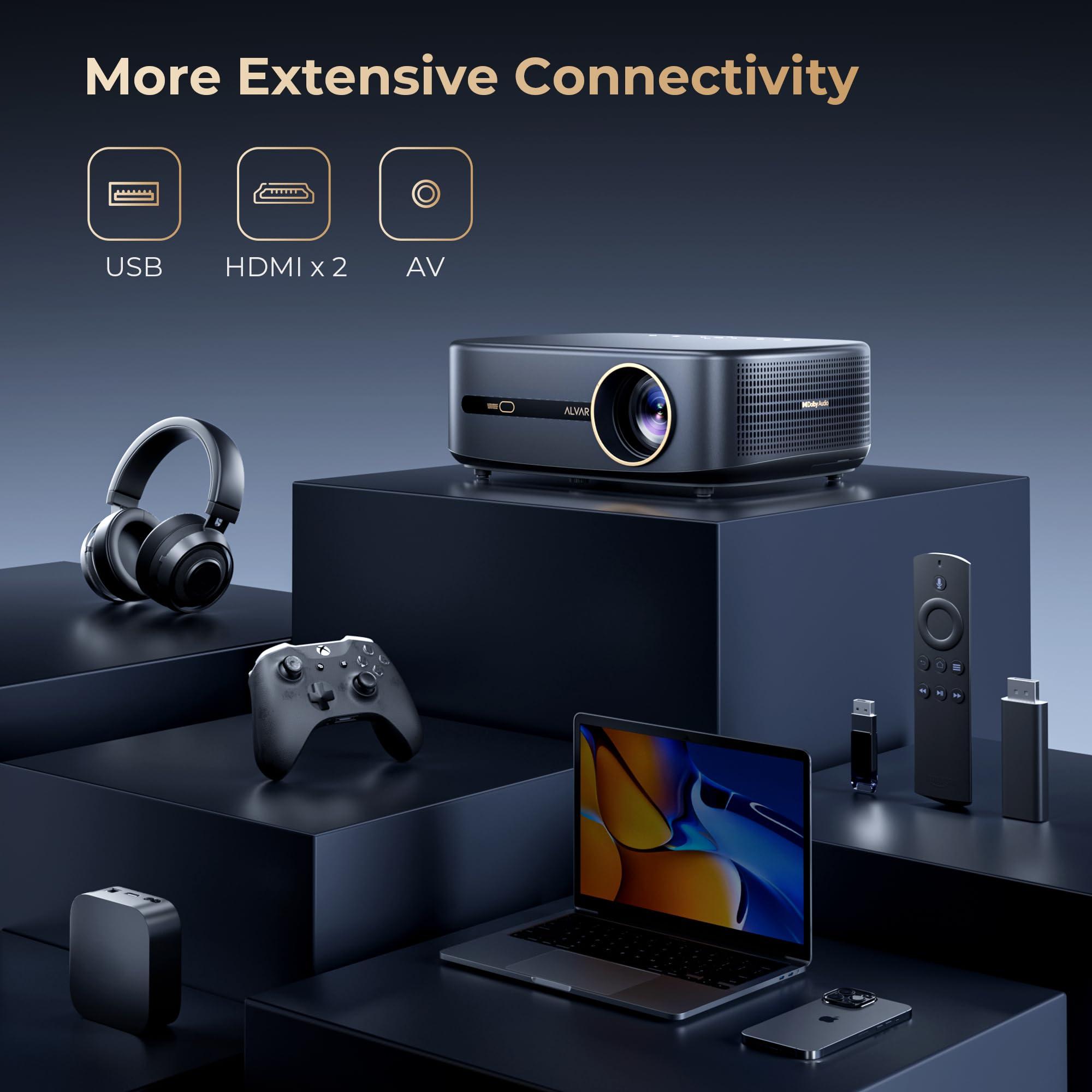Alvar [1200 ANSI & Audio by DBX-TV] Alvar 4K Projector with WiFi 6 and Bluetooth, 30W Speakers, Netflix Licensed & DoIby Audio Outdoor Proyector, Auto Focus Native 1080P Smart Projector with HDR10+, Black