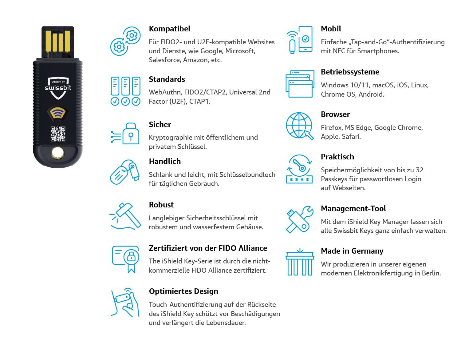 Swissbit Swissbit - iShield Key Pro Security Key, Hardware Authenticator, USB and NFC Connection, FIDO2 Certified, U2F, HOTP, TOTP, PIV, 2FA, Black, (1pc) (iShield Key Pro USB-A/NFC)
