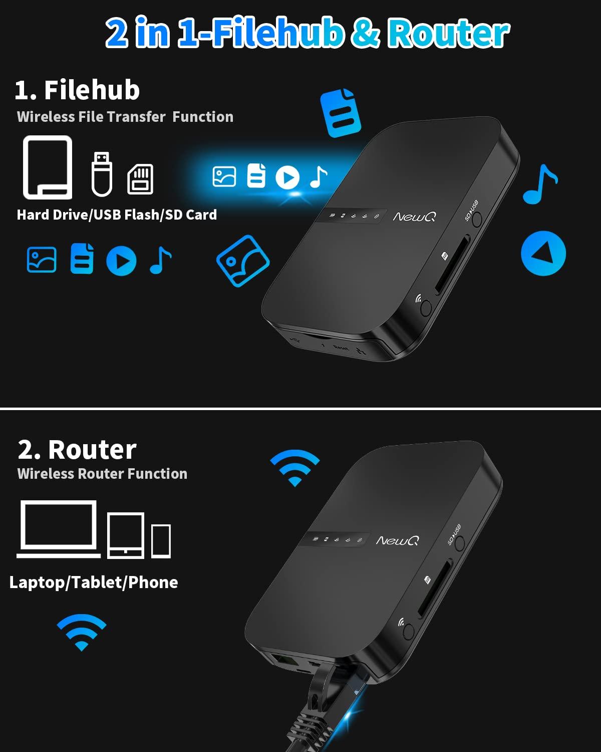 NEWQ NewQ Filehub AC750 Travel Router: Portable Hard Drive SD Card Reader & Mini WiFi Range Extender for Travel | Wireless Access External Harddrive & USB Storage Device to Backup Photo & Files from iPhone