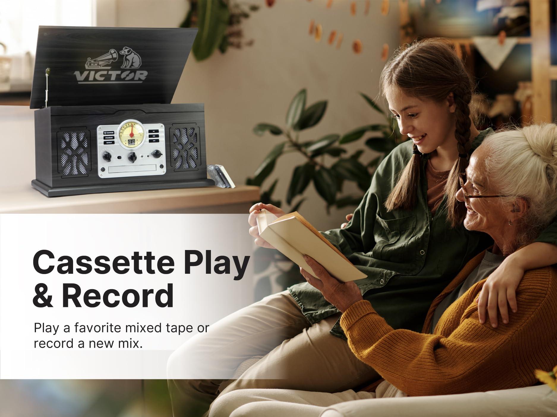 VICTOR Victor VWRP-3800 State 7-in-1 Turntable Music Center with 3-Speed Record Player, CD/MP3/Cassette Player, FM Radio, Dual Bluetooth In & Out, and Built-in Stereo Speakers Perfect for Music Enthusiasts