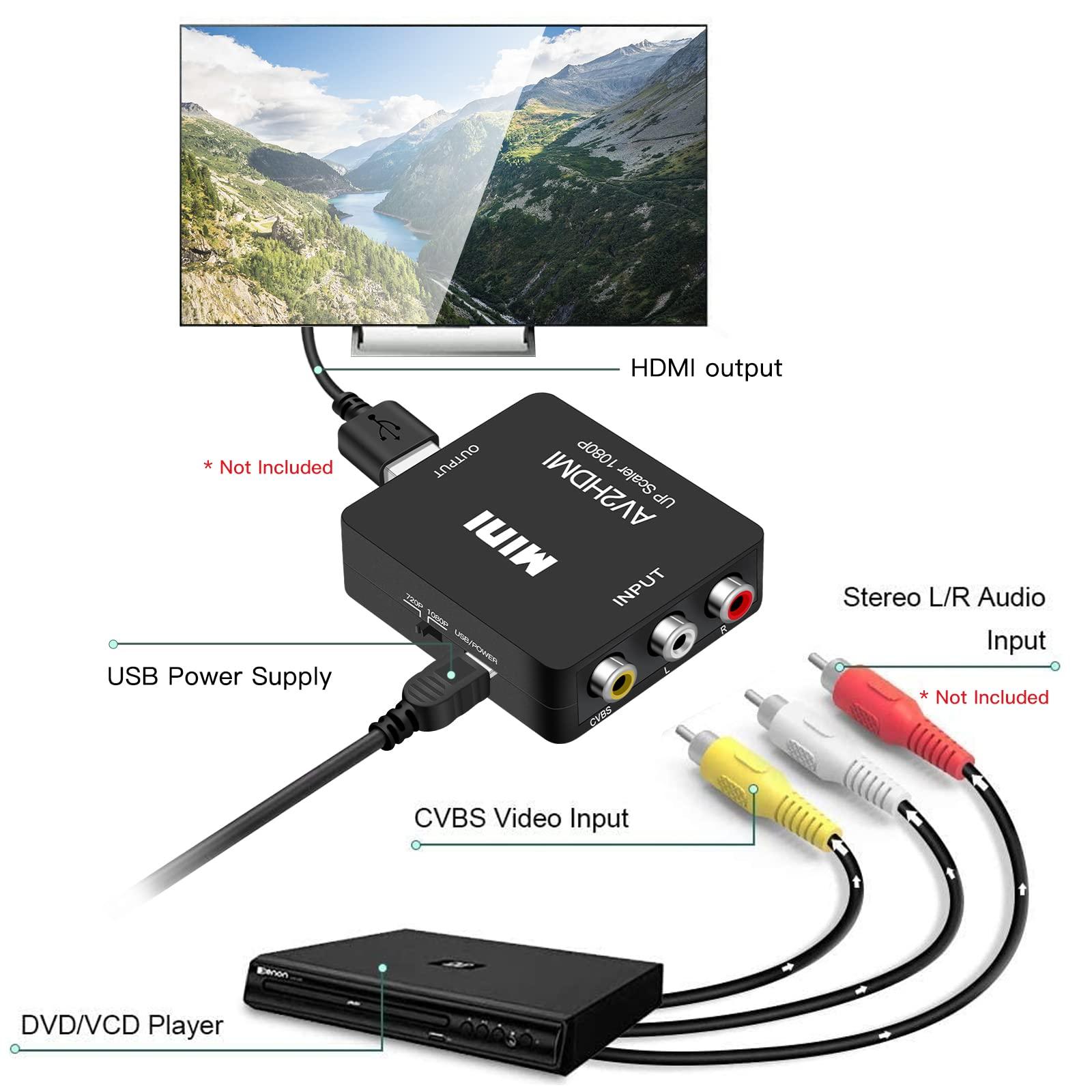 Runbod Runbod RCA to HDMI Converter, AV2Hdmi 1080P RCA Composite CVBS AV to HDMI Video Audio Converter Box for PS2 Wii Xbox VHS VCR Camera DVD Players, Support PAL/NTSC with USB Charge Cable (Black)