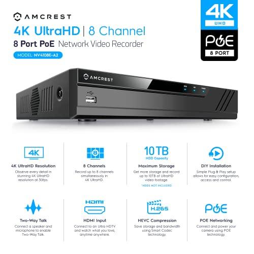 Amcrest Amcrest NV4108E-A2 4K 8CH POE NVR (1080p/3MP/4MP/5MP/8MP) POE Network Video Recorder - Supports up to 8 x 8MP/4K IP Cameras, 8-Channel Power Over Ethernet Supports up to 10TB HDD (Not Included)