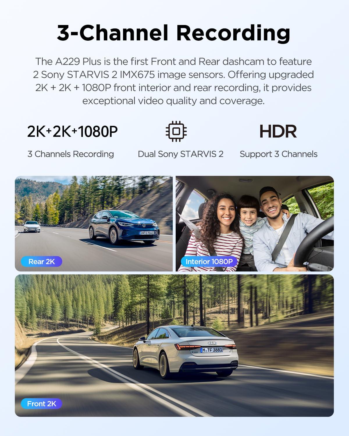 VIOFO VIOFO A229 Plus 3 Channel Dash Cam, Dual STARVIS 2 Sensors, 3-Channel HDR, 1440P+1440P+1080P Front Inside and Rear Car Camera, 5GHz Wi-Fi, Voice Control, Ultra-Precise GPS, 24 Hours Parking Mode