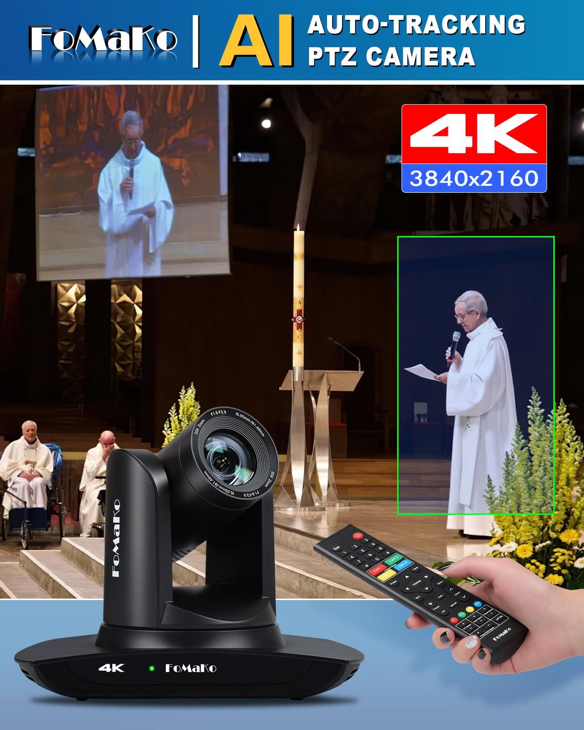 FoMaKo FoMaKo 4K PTZ Camera HDMI, AI Auto-Tracking, 4K 20X Optical Zoom, USB3.0 LAN HDMI PTZ Camera 4K for Church Worship Education Conference Events, K20UH
